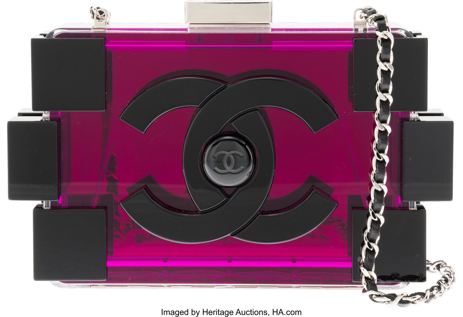 Chanel Black & Translucent Purple Lucite Boy Bri: Chanel Black & Translucent Purple Lucite Boy Brick Lego Minaudière with Silver Hardware Condition: 3 8" Width x 5" Height x 1.75" Depth This bag is done in Black and