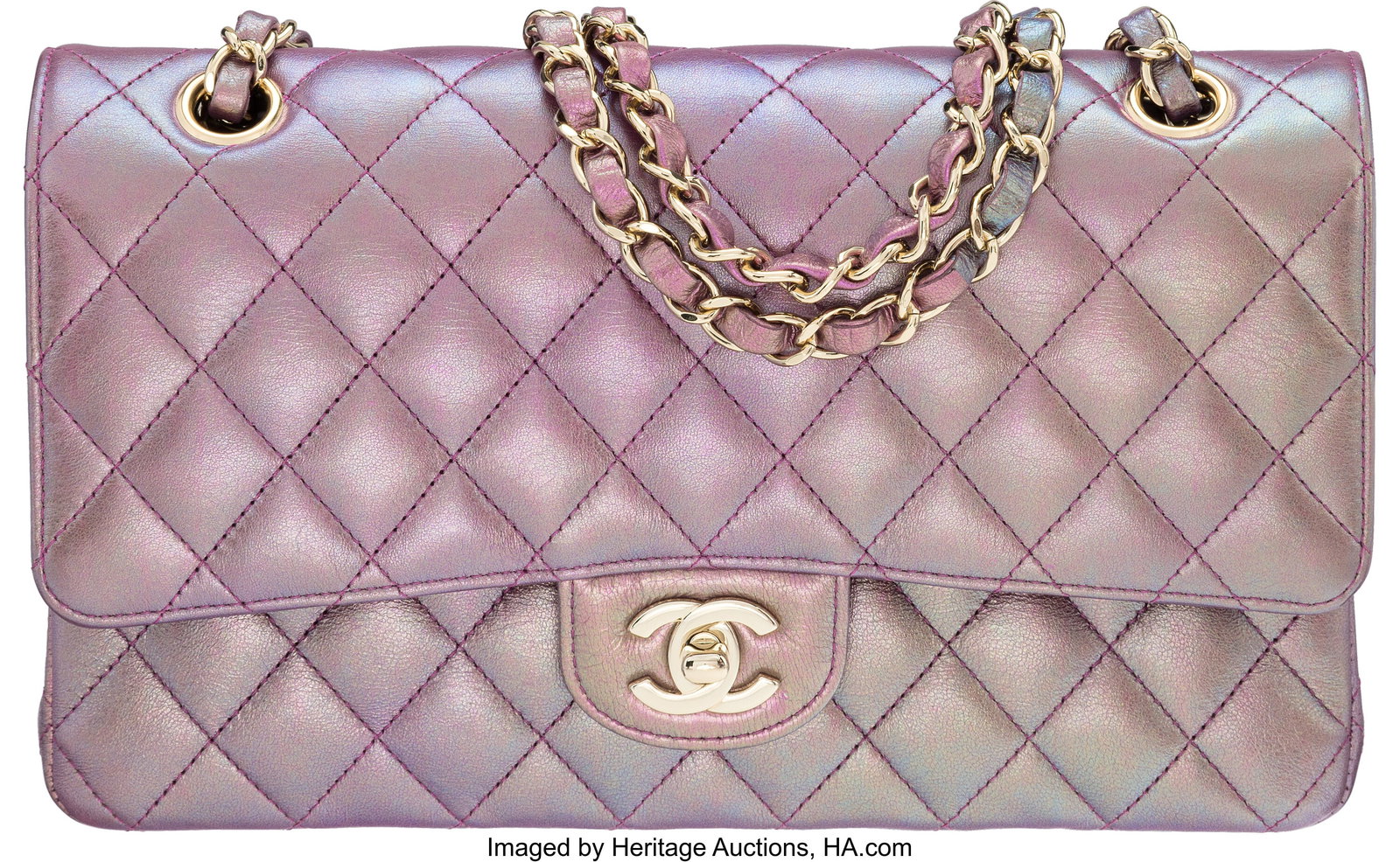Chanel Iridescent Purple Quilted Leather Medium : Chanel Iridescent Purple Quilted Leather Medium Classic Double Flap Bag with Light Gold Hardware 2020 Condition: 1 10" Width x 6" Height x 2.5" Depth This bag is done in Iridescent Purple