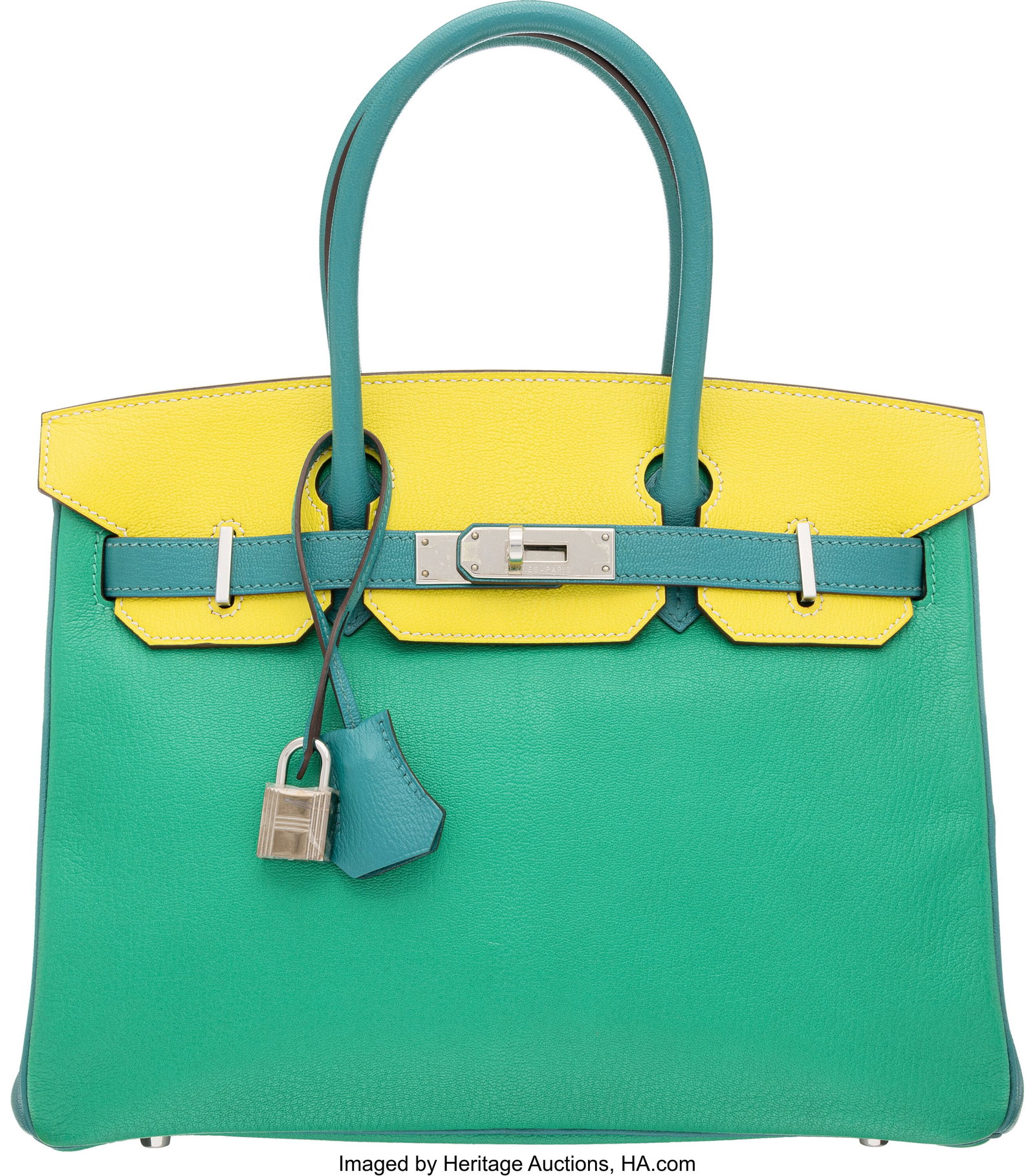 Hermès Special Order Horseshoe 30cm Lime, Malac: Hermès Special Order Horseshoe 30cm Lime, Malachite, & Menthe Chevre Leather Birkin Bag with Palladium Hardware P Square, 2012 Condition: 2 11" Width x 8" Height x 6