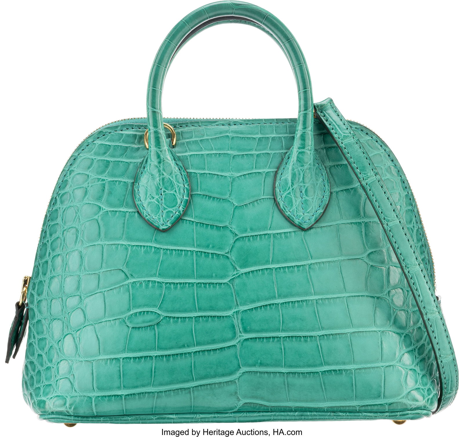 Hermès Matte Vert Jade Alligator Mini Bolide 19: Hermès Matte Vert Jade Alligator Mini Bolide 1923 Bag with Gold Hardware Z, 2021 Condition: 2 7" Width x 5.5" Height x 3" Depth This bag is done in Matte Vert Jade Alligator 