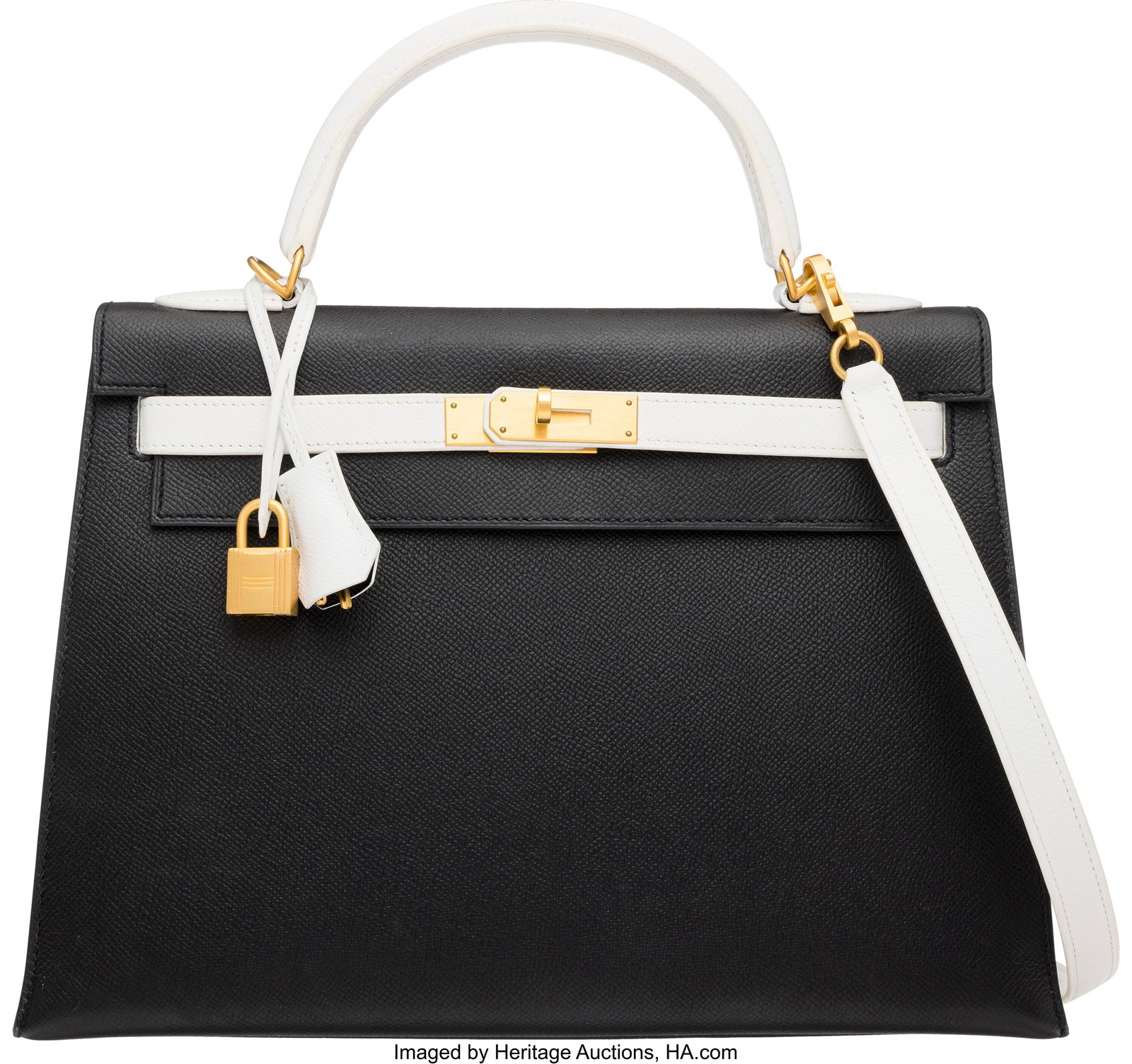 Hermès Special Order Horseshoe 32cm Black & Whi: Hermès Special Order Horseshoe 32cm Black & White Epsom Leather Kelly Sellier Bag with Brushed Gold Hardware X, 2016 Condition: 2 12.5" Width x 10" Height x 4.5"