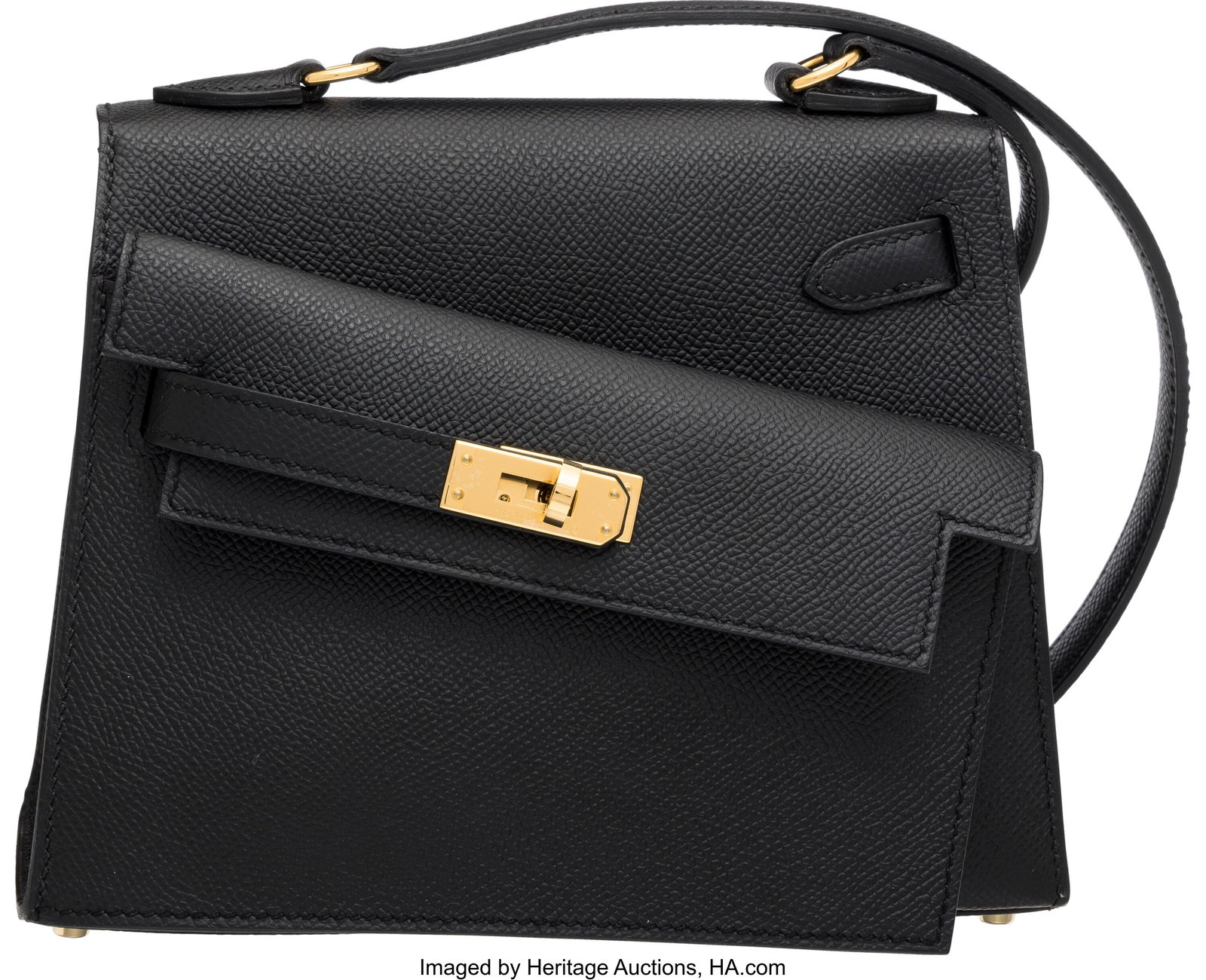 Hermès 20cm Black Epsom Leather Mini Kelly en D: Hermès 20cm Black Epsom Leather Mini Kelly en Désordre with Gold Hardware W, 2024 Condition: 1 7.75" Width x 6" Height x 3.5" Depth This bag is done in Black Ep