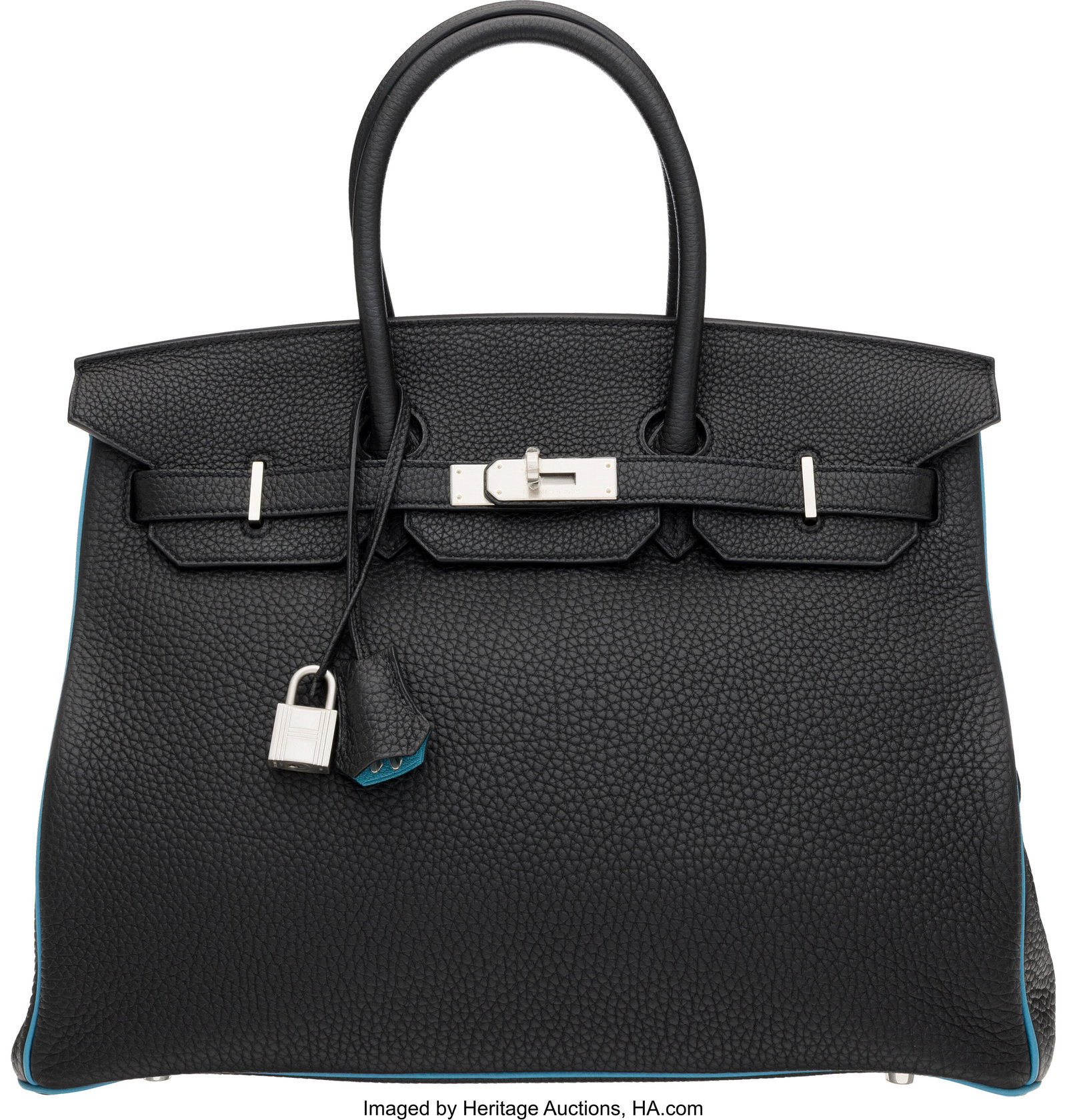 Hermès Special Order Horseshoe 35cm Black & Ble: Hermès Special Order Horseshoe 35cm Black & Bleu Izmir Togo Leather Birkin Bag with Brushed Palladium Hardware R, 2014 Condition: 2 14" Width x 10" Height x 7" Depth This bag is