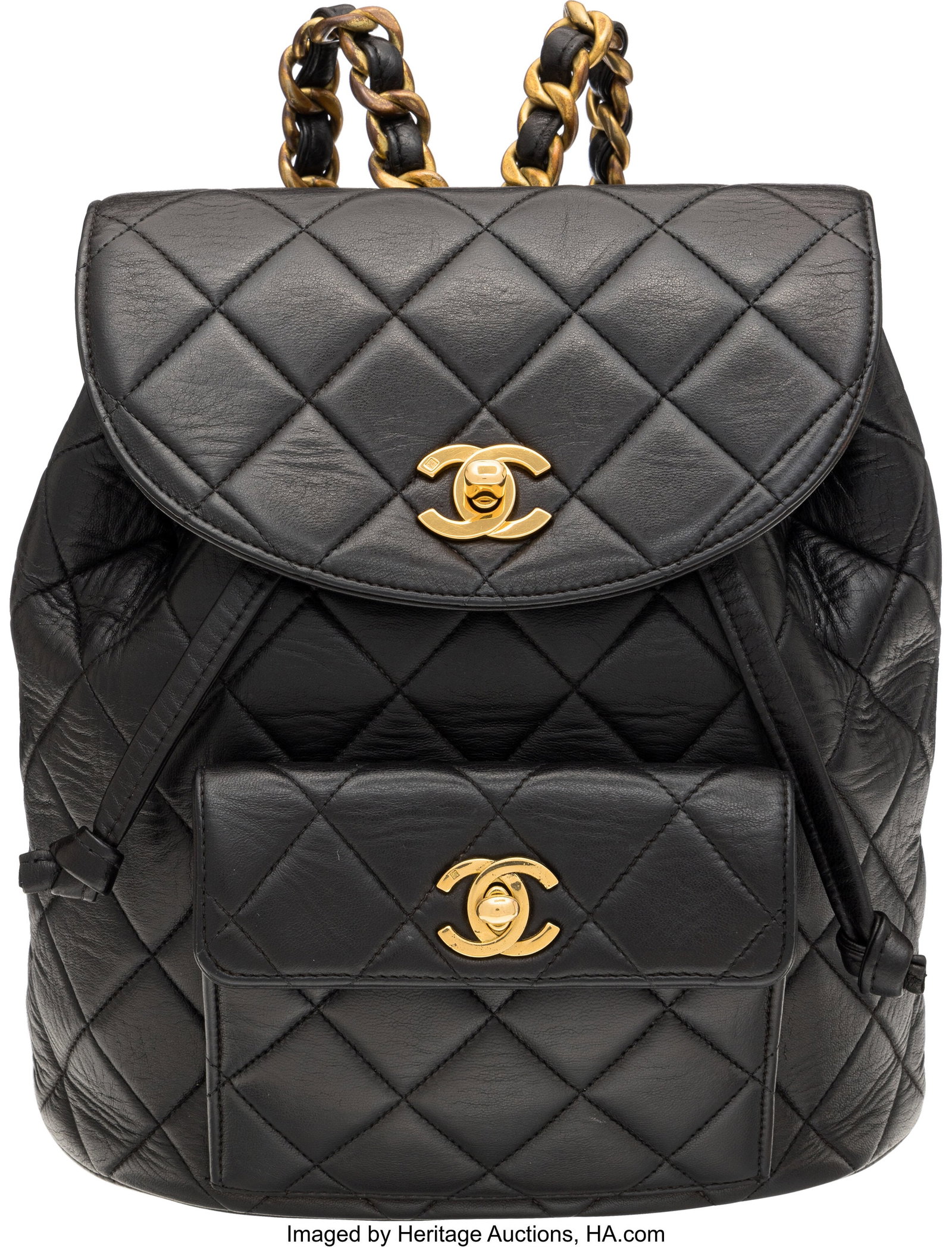 Chanel Vintage Black Quilted Leather CC Backpack: Chanel Vintage Black Quilted Leather CC Backpack with Gold Hardware Circa 1990s Condition: 3 8.5" Width x 9.25" Height x 3.75" Depth This bag is done in Black Quilted Leathe