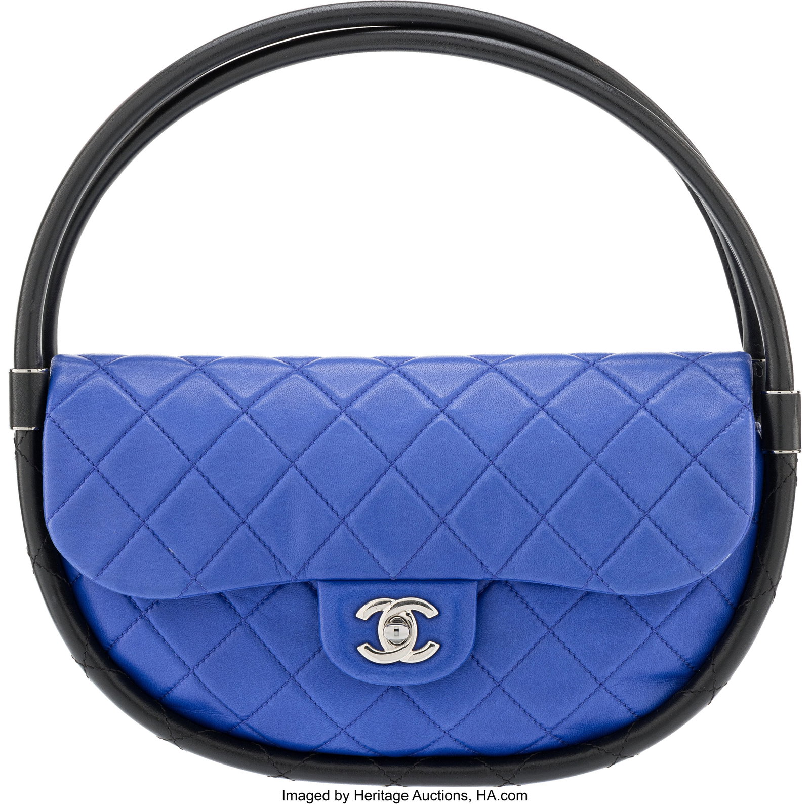 Chanel Blue & Black Quilted Lambskin Leather Med: Chanel Blue & Black Quilted Lambskin Leather Medium Hula Hoop Bag with Silver Hardware Spring 2013 Condition: 2 13" Width x 13" Height x 4" Depth This bag is done in Black and Blue Lambskin 