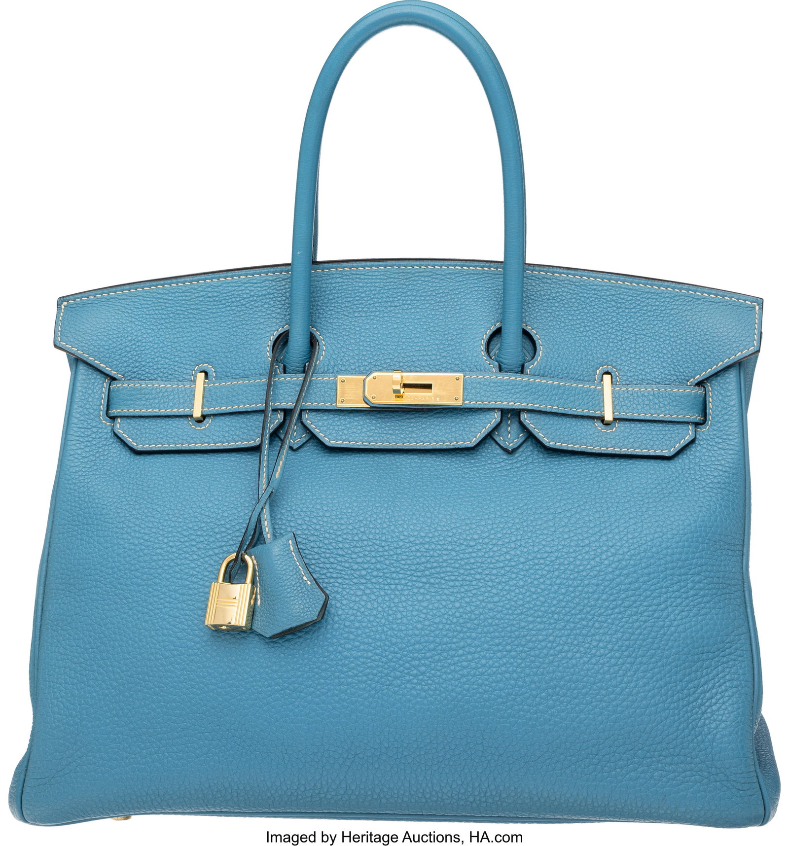 Hermès 35cm Bleu Jean Togo Leather Birkin Bag w: Hermès 35cm Bleu Jean Togo Leather Birkin Bag with Gold Hardware H Square, 2004 Condition: 3 14" Width x 10" Height x 7" Depth This bag is done in Bleu Jean Togo Leather with Gold H