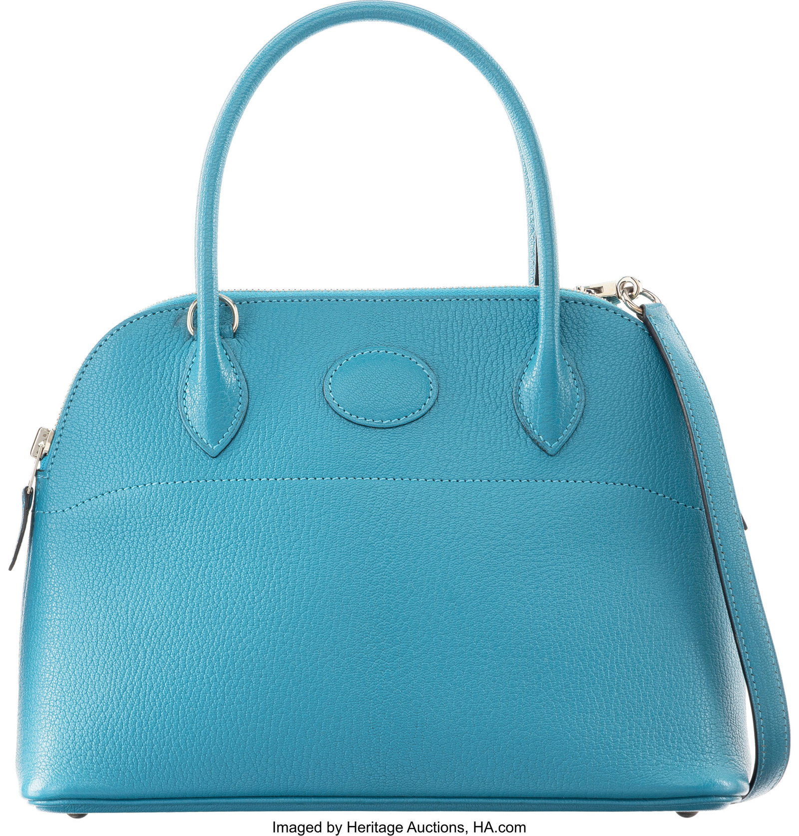 Hermès 27cm Turquoise Chevre Leather Bolide Bag: Hermès 27cm Turquoise Chevre Leather Bolide Bag with Palladium Hardware K Square, 2007 Condition: 2 10.5" Width x 7.5" Height x 4" Depth This bag is done in Turquoise 