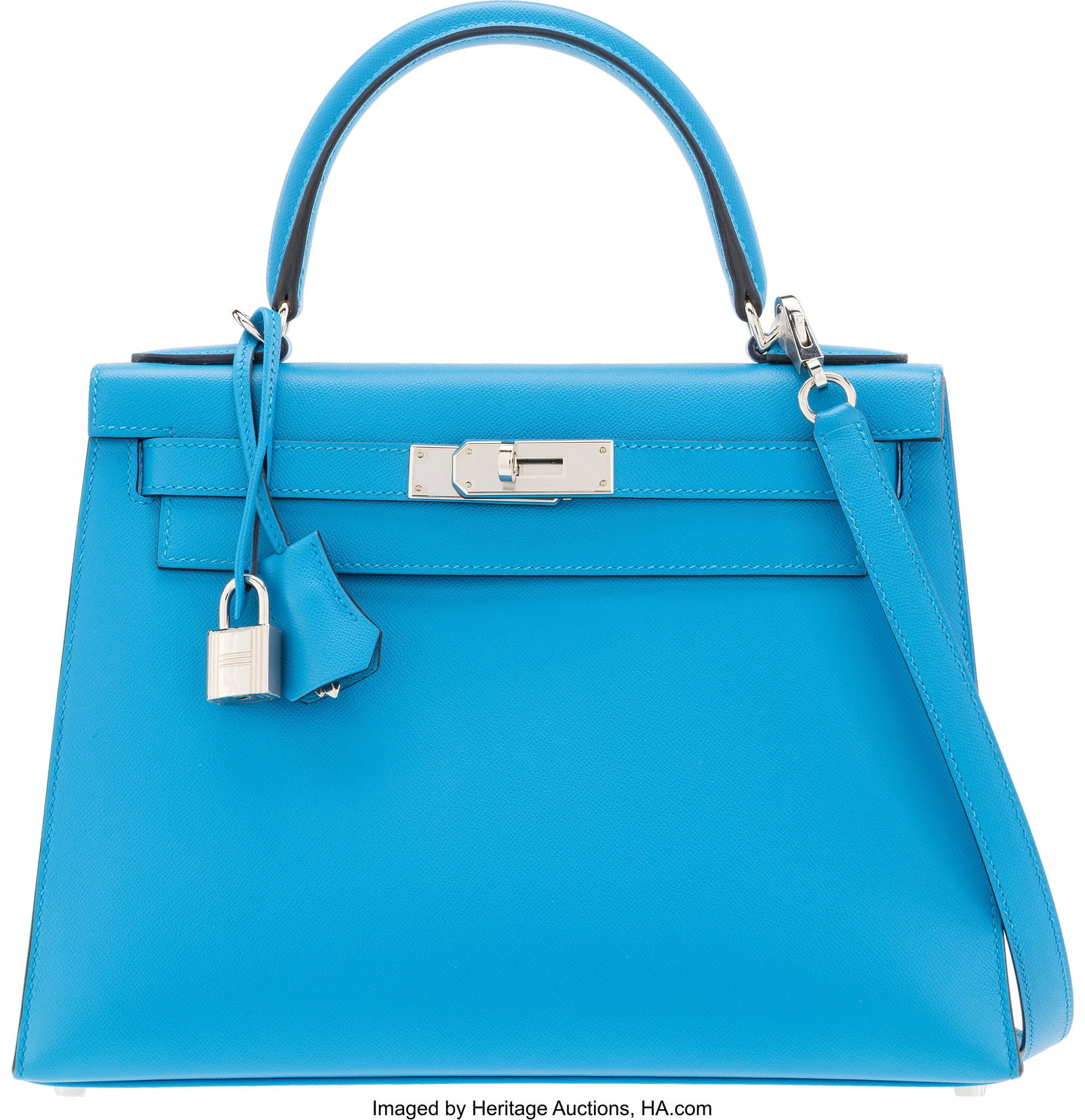 Hermès 28cm Bleu Frida Madame Leather Kelly Sel: Hermès 28cm Bleu Frida Madame Leather Kelly Sellier Bag with Palladium Hardware Z, 2021 Condition: 1 11" Width x 8.5" Height x 4.5" Depth This bag is done in Bleu Frid