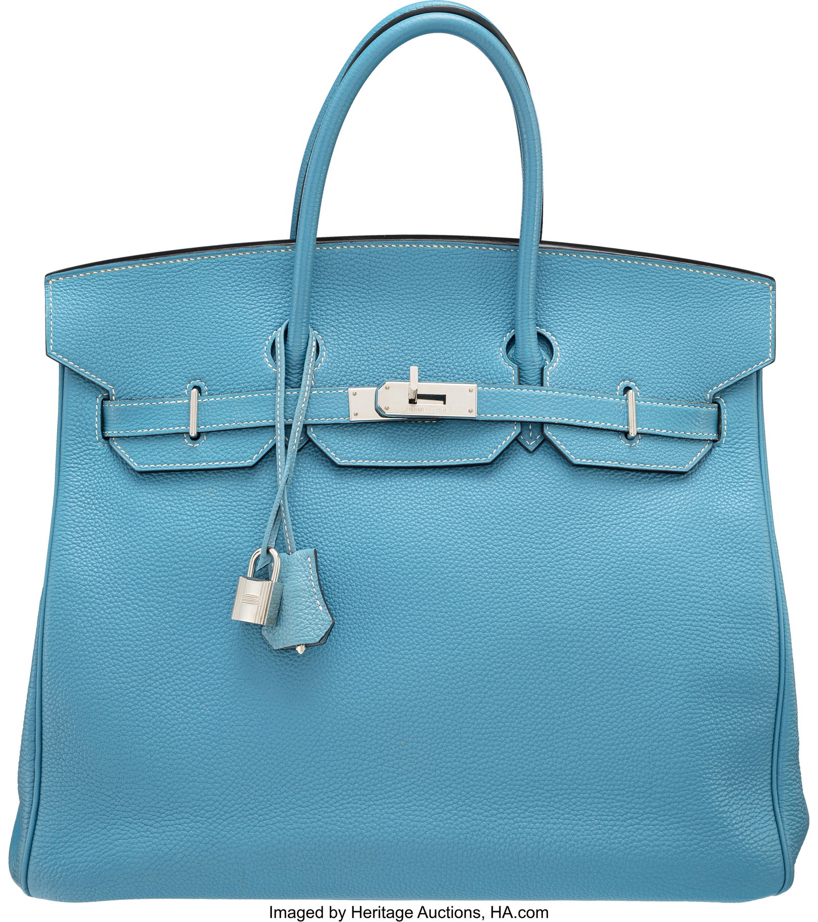 Hermès 35cm Bleu Jean Togo Leather HAC Birkin B: Hermès 35cm Bleu Jean Togo Leather HAC Birkin Bag with Palladium Hardware I Square, 2005 Condition: 3 14" Width x 12" Height x 7" Depth This bag is done in Bleu Jean Togo Leather wi