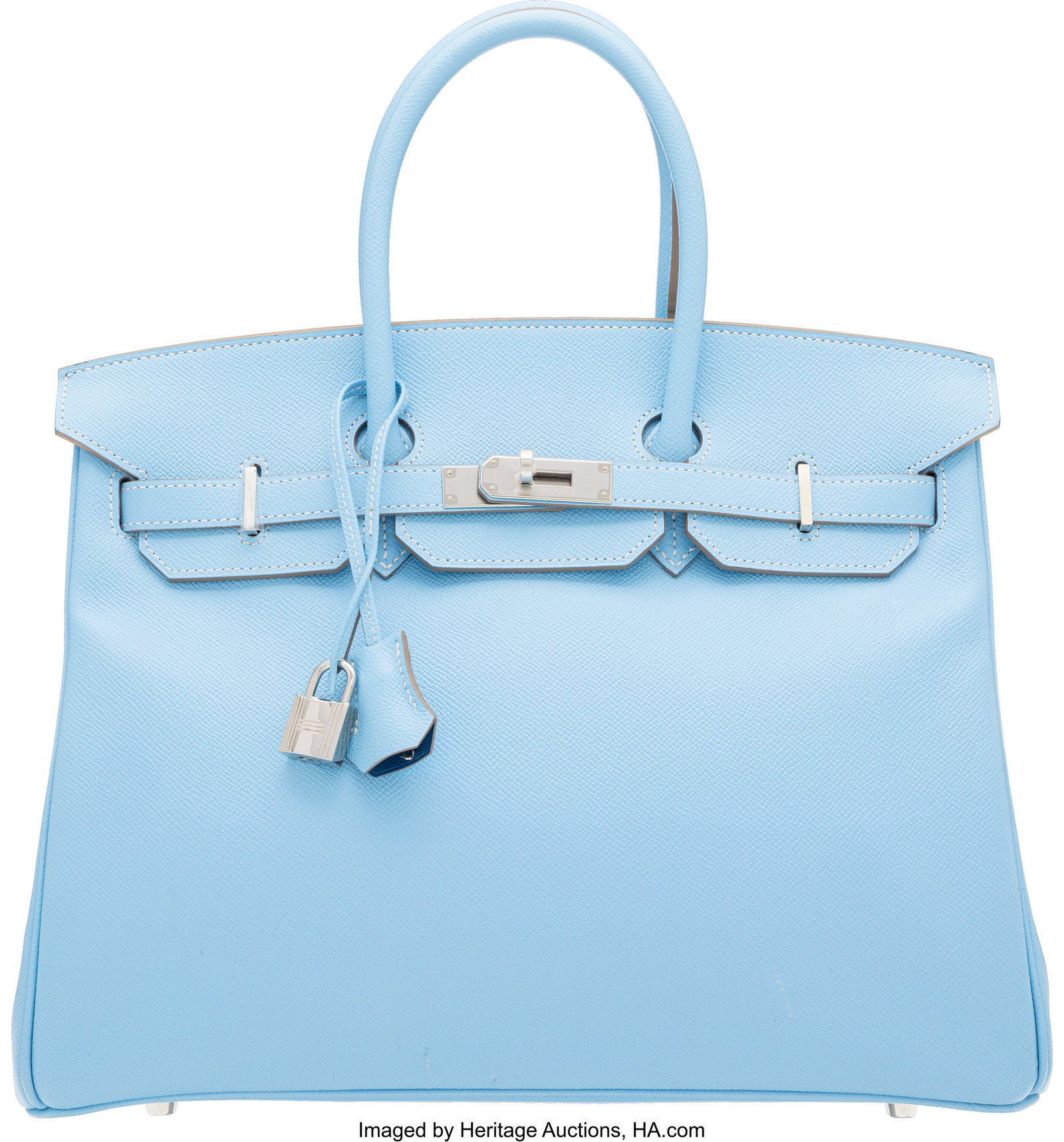 Hermès Candy Collection 35cm Bleu Celeste & Myk: Hermès Candy Collection 35cm Bleu Celeste & Mykonos Epsom Leather Birkin Bag with Palladium Hardware O Square, 2011 Condition: 2 14" Width x 10" Height x 7" Depth This bag is do