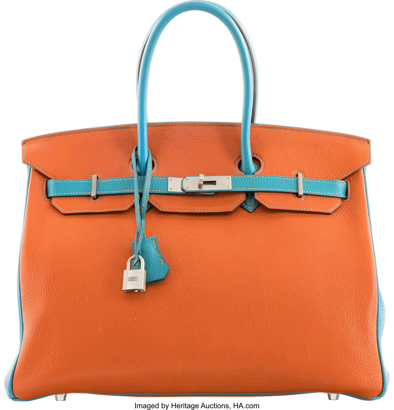 Hermès Special Order Horseshoe 35cm Bleu Paon &: Hermès Special Order Horseshoe 35cm Bleu Paon & Orange Chevre Leather Birkin Bag with Brushed Palladium Hardware N Square, 2010 Condition: 3 14" Width x 10" Height x 7" Depth Th
