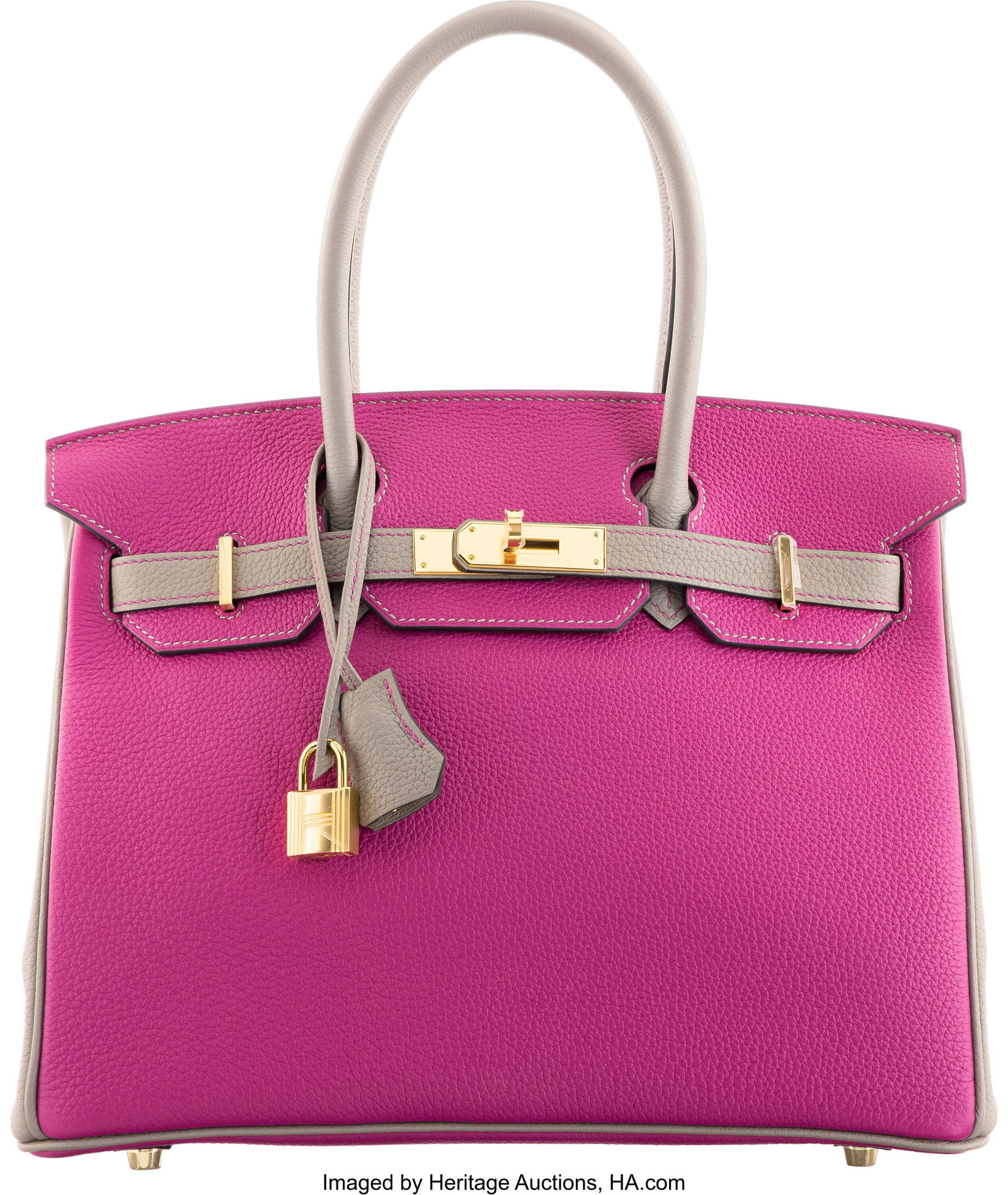 Hermès Special Order Horseshoe 30cm Rose Pourpr: Hermès Special Order Horseshoe 30cm Rose Pourpre & Gris Asphalte Togo Leather Birkin Bag with Gold Hardware C, 2018 Condition: 1 12" Width x 8.5" Height x 6" Depth This b