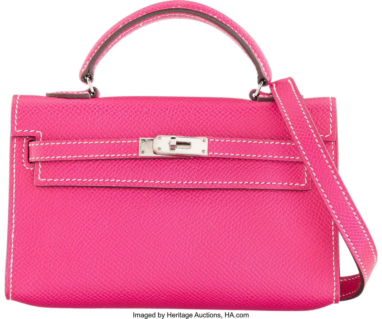 Hermès Rose Tyrien Epsom Leather Micro Mini Kel: Hermès Rose Tyrien Epsom Leather Micro Mini Kelly with Palladium Hardware O Square, 2011 Condition: 2 5.75" Width x 3.75" Height x 1.5" Depth This bag is done i