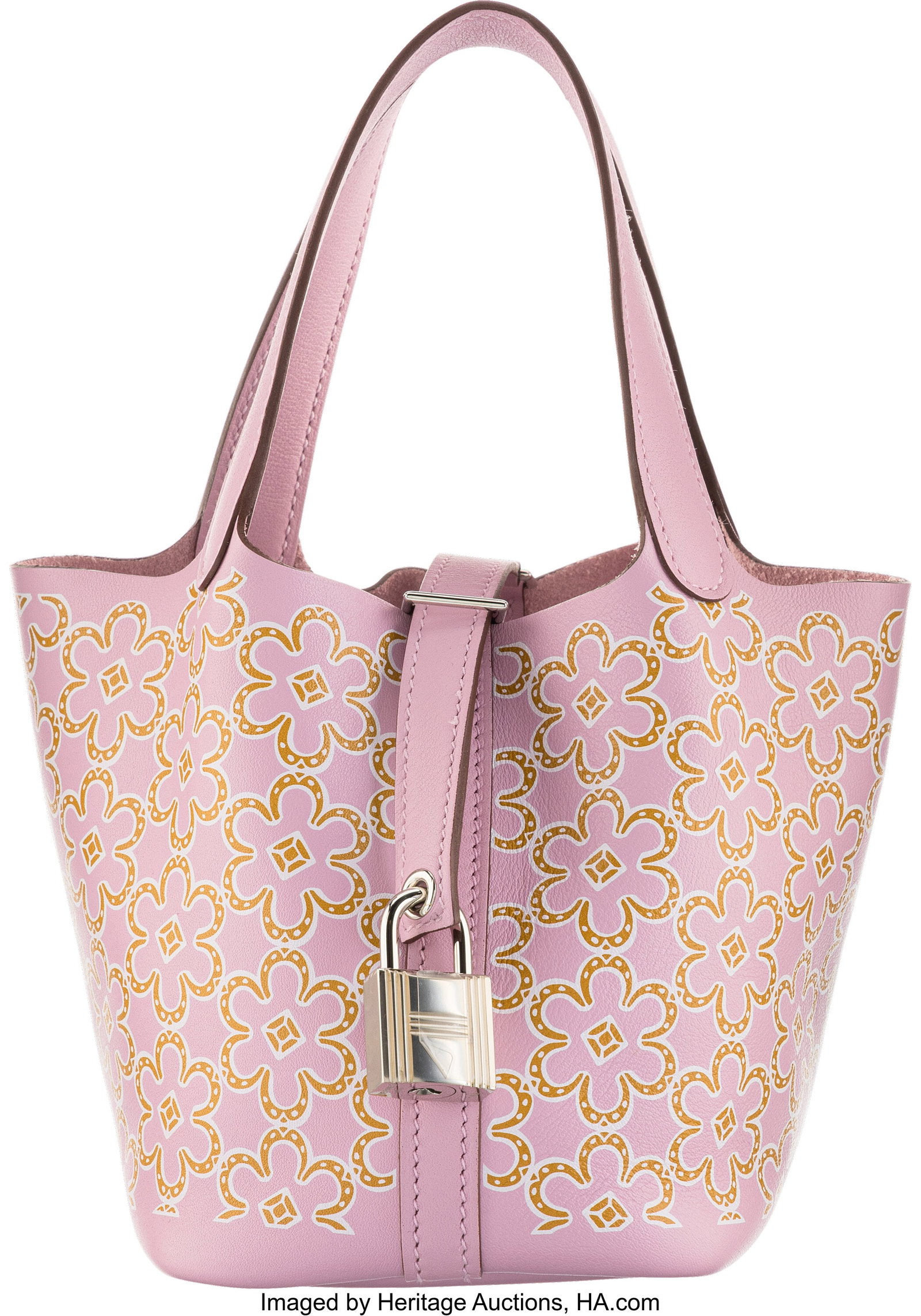 Hermès 14cm "Lucky Daisy" Mauve Sylvestre Swift: Hermès 14cm "Lucky Daisy" Mauve Sylvestre Swift Leather Micro Picotin with Palladium Hardware U, 2022 Condition: 1 6" Width x 5" Height x 4" Depth This bag is done in Mauve Sylvestr