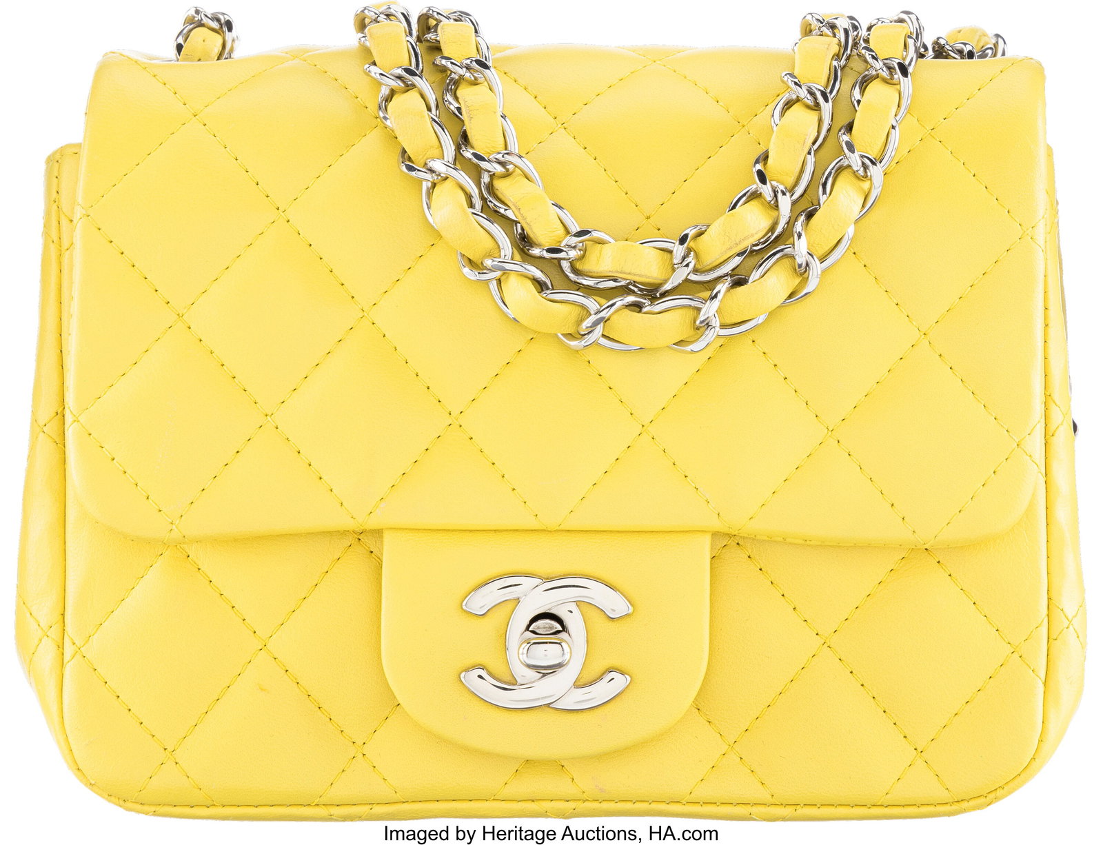 Chanel Yellow Quilted Leather Mini Square Flap B: Chanel Yellow Quilted Leather Mini Square Flap Bag with Silver Hardware 2009-2010 Condition: 2 7" Width x 5" Height x 2.5" Depth This bag is done in Yellow Leather with Silver Hardware&co