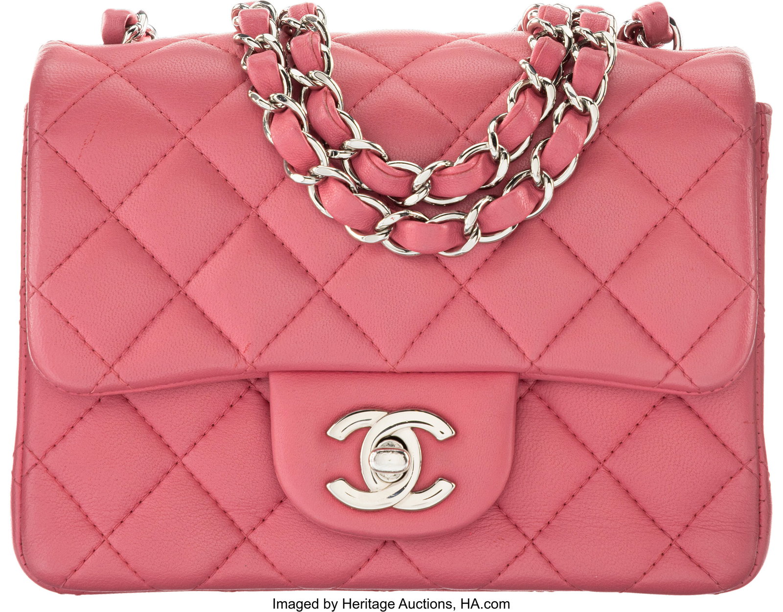 Chanel Pink Quilted Lambskin Leather Mini Square: Chanel Pink Quilted Lambskin Leather Mini Square Flap Bag with Silver Hardware 2019 Condition: 2 7" Width x 5" Height x 2.5" Depth This bag is done in Pink Lambskin Leather with Silver Ha