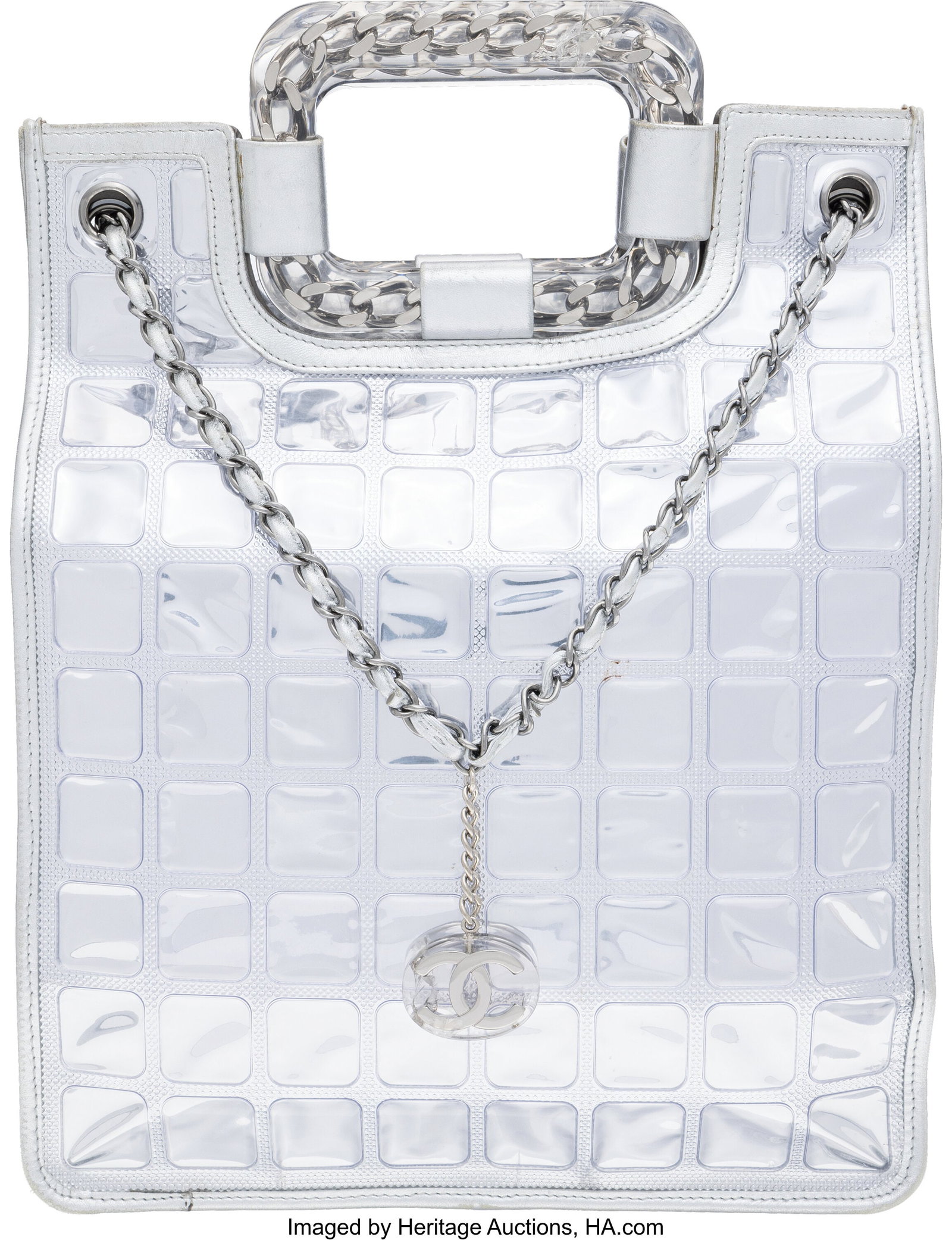 Chanel Silver Metallic Leather & Vinyl Ice Cube : Chanel Silver Metallic Leather & Vinyl Ice Cube Shopper Tote with Silver & Ruthenium Hardware 2006-2008 Condition: 3 12" Width x 12.25" Height x 2.75" Depth This bag is don