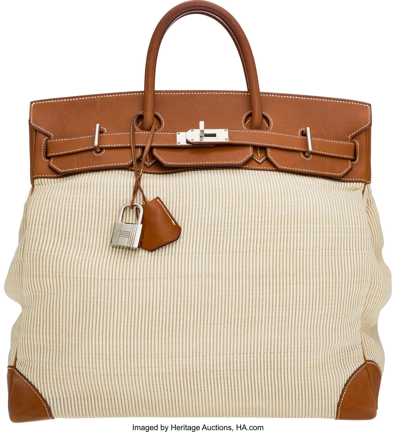 Hermès 45cm Fauve Barenia Leather & Crinoline H: Hermès 45cm Fauve Barenia Leather & Crinoline HAC Birkin Bag with Palladium Hardware B Square, 1998 Condition: 3 17" Width x 15.5" Height x 10.5" Depth This bag is