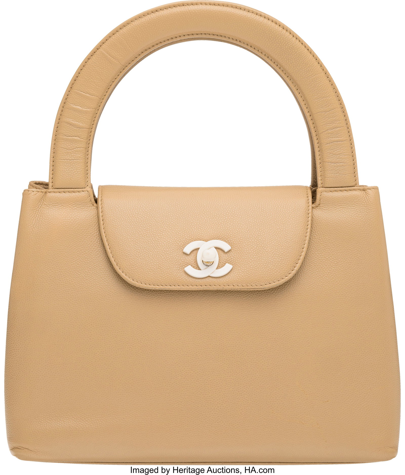 Chanel Vintage Beige Caviar Leather Kelly Shoppe: Chanel Vintage Beige Caviar Leather Kelly Shopper with Gold & Enamel Hardware Circa 1980s-1990s Condition: 3 9.5" Width x 7" Height x 3" Depth This bag is done in Beige Caviar Leather