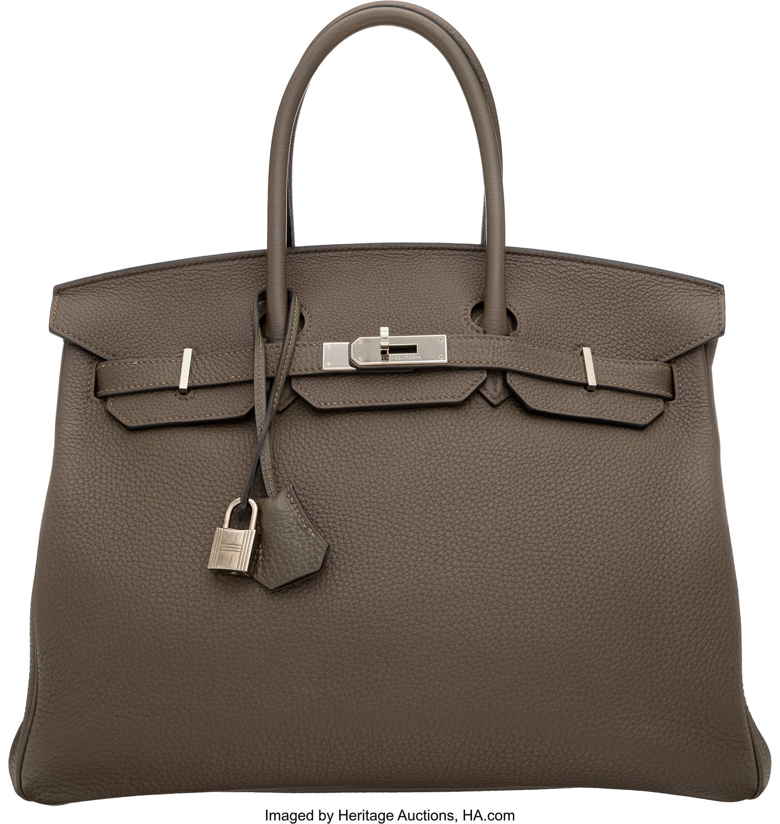 Hermès 35cm Etain Togo Leather Birkin Bag with : Hermès 35cm Etain Togo Leather Birkin Bag with Palladium Hardware T, 2015 Condition: 2 14" Width x 9.5" Height x 7" Depth This bag is done in Etain Togo Leather with Palladiu