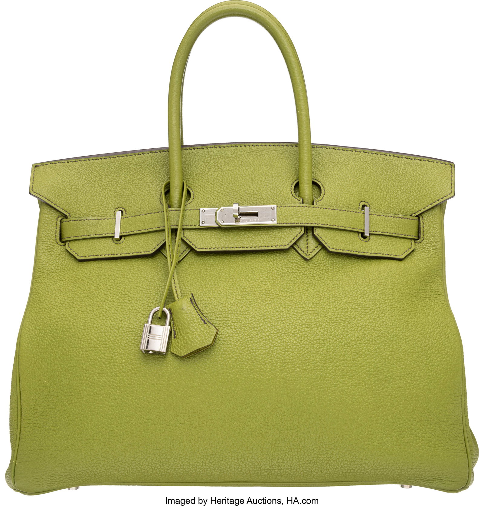 Hermès 35cm Vert Anis Togo Leather Birkin Bag w: Hermès 35cm Vert Anis Togo Leather Birkin Bag with Palladium Hardware H Square, 2004 Condition: 3 14" Width x 10" Height x 7" Depth This bag is done in Vert Anis Togo Leather with P