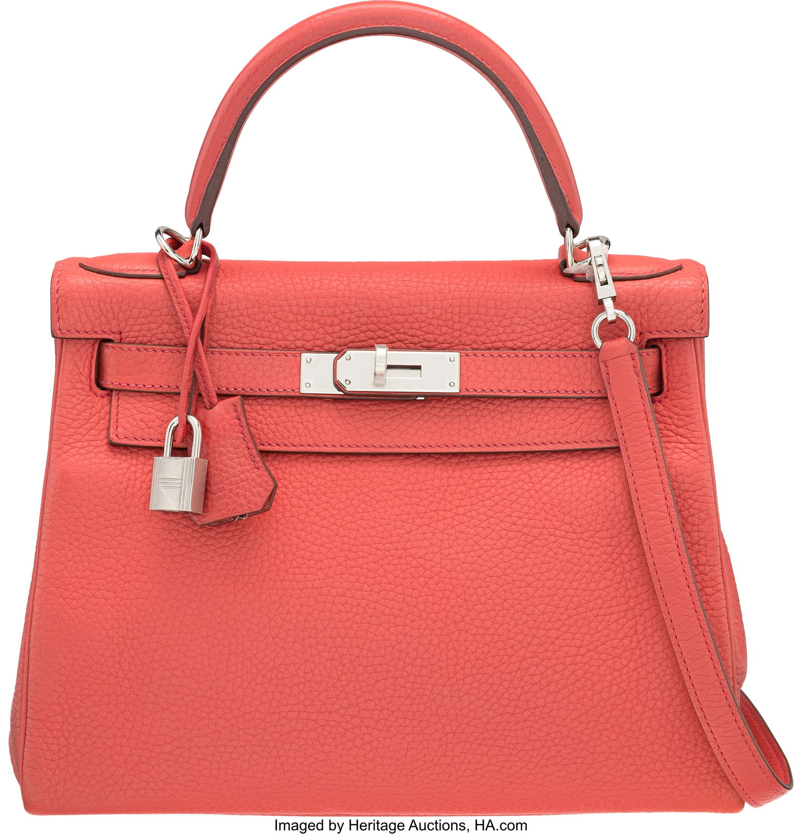 Hermès 28cm Rouge Pivoine Clemence Leather Kell: Hermès 28cm Rouge Pivoine Clemence Leather Kelly Retourne Bag with Palladium Hardware X, 2016 Condition: 1 11.5" Width x 8.25" Height x 4" Depth This bag is done in Ro