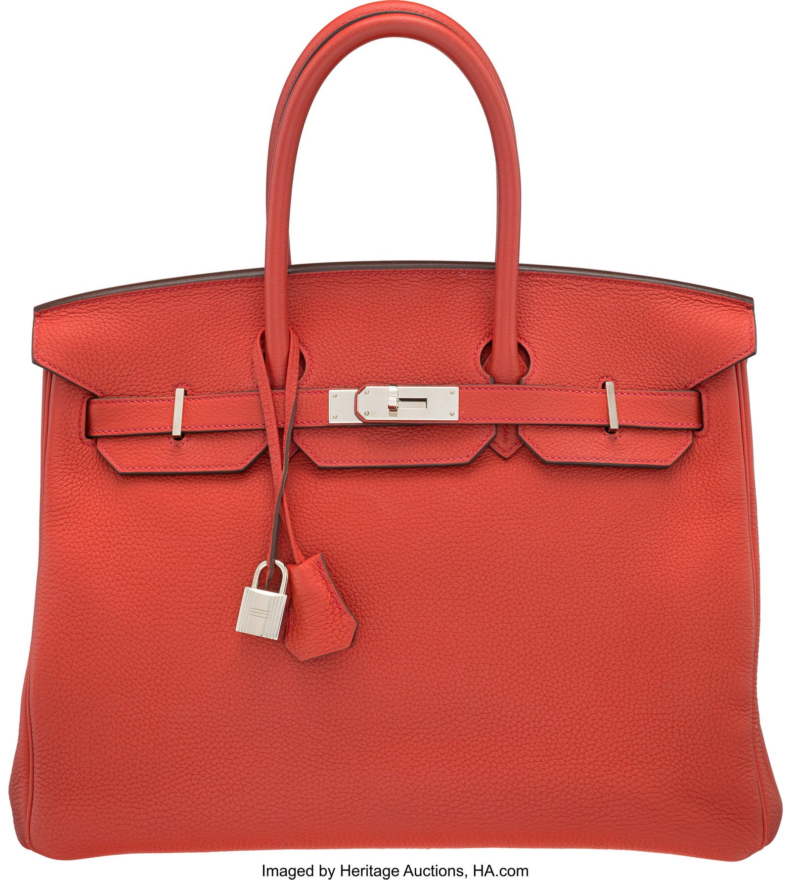 Hermès 35cm Rouge Vif Togo Leather Birkin Bag w: Hermès 35cm Rouge Vif Togo Leather Birkin Bag with Palladium Hardware X, 2016 Condition: 2 14" Width x 10" Height x 7" Depth This bag is done in Rouge Vif Togo Leather with Palladiu