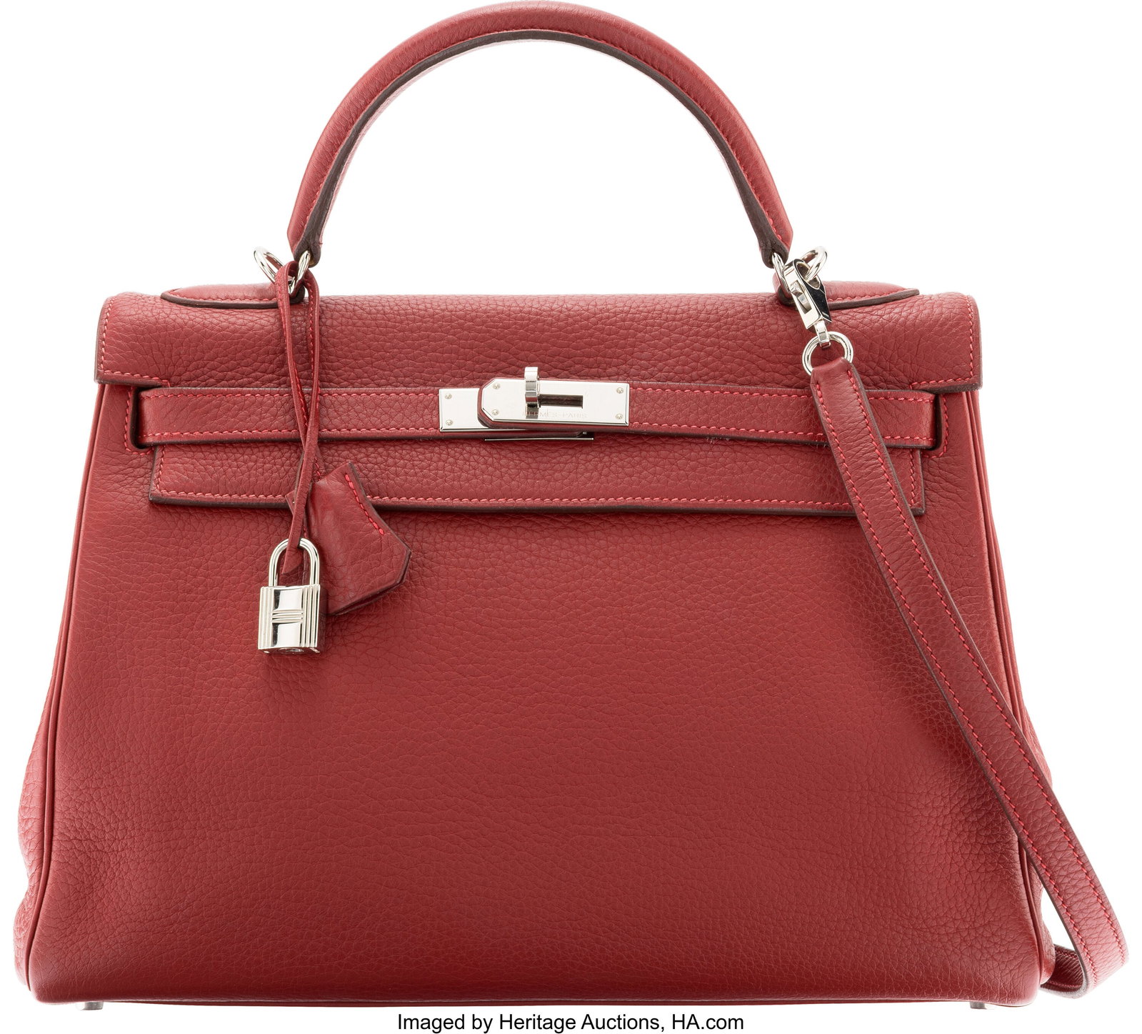 Hermès 32cm Rouge H Clemence Leather Kelly Reto: Hermès 32cm Rouge H Clemence Leather Kelly Retourne Bag with Palladium Hardware J Square, 2006 Condition: 2 12.5" Width x 8" Height x 4.5" Depth This bag is done in Ro