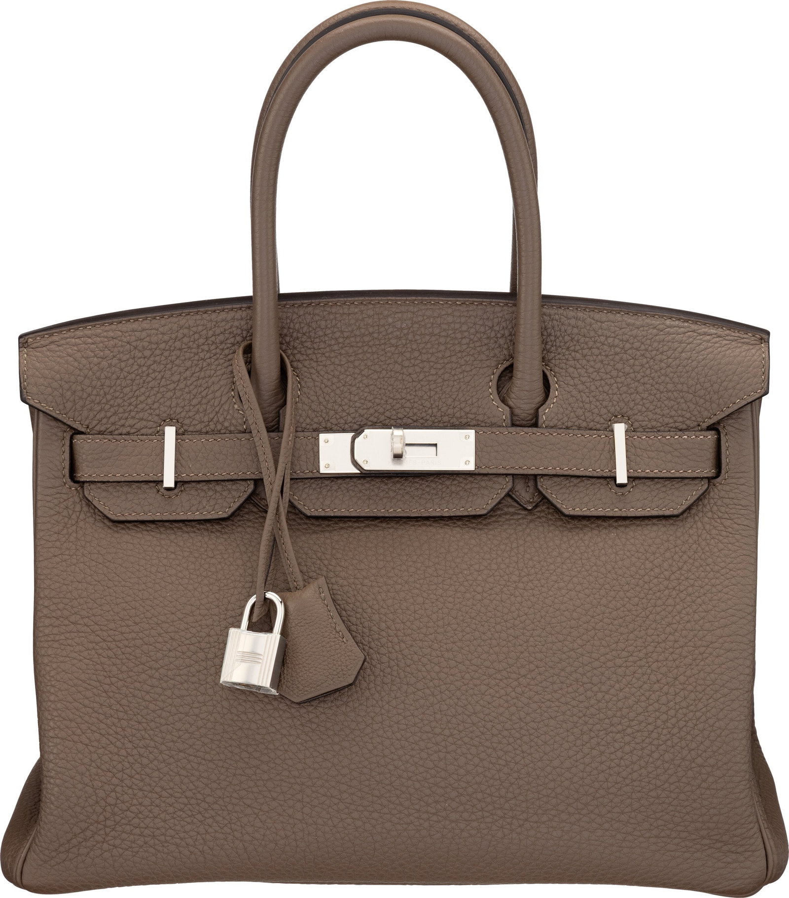 Hermès 30cm Taupe Togo Leather Birkin Bag with : Hermès 30cm Taupe Togo Leather Birkin Bag with Palladium Hardware R Square, 2014 Condition: 2 11.5" Width x 8" Height x 6" Depth This bag is done in Taupe Togo Leather with P