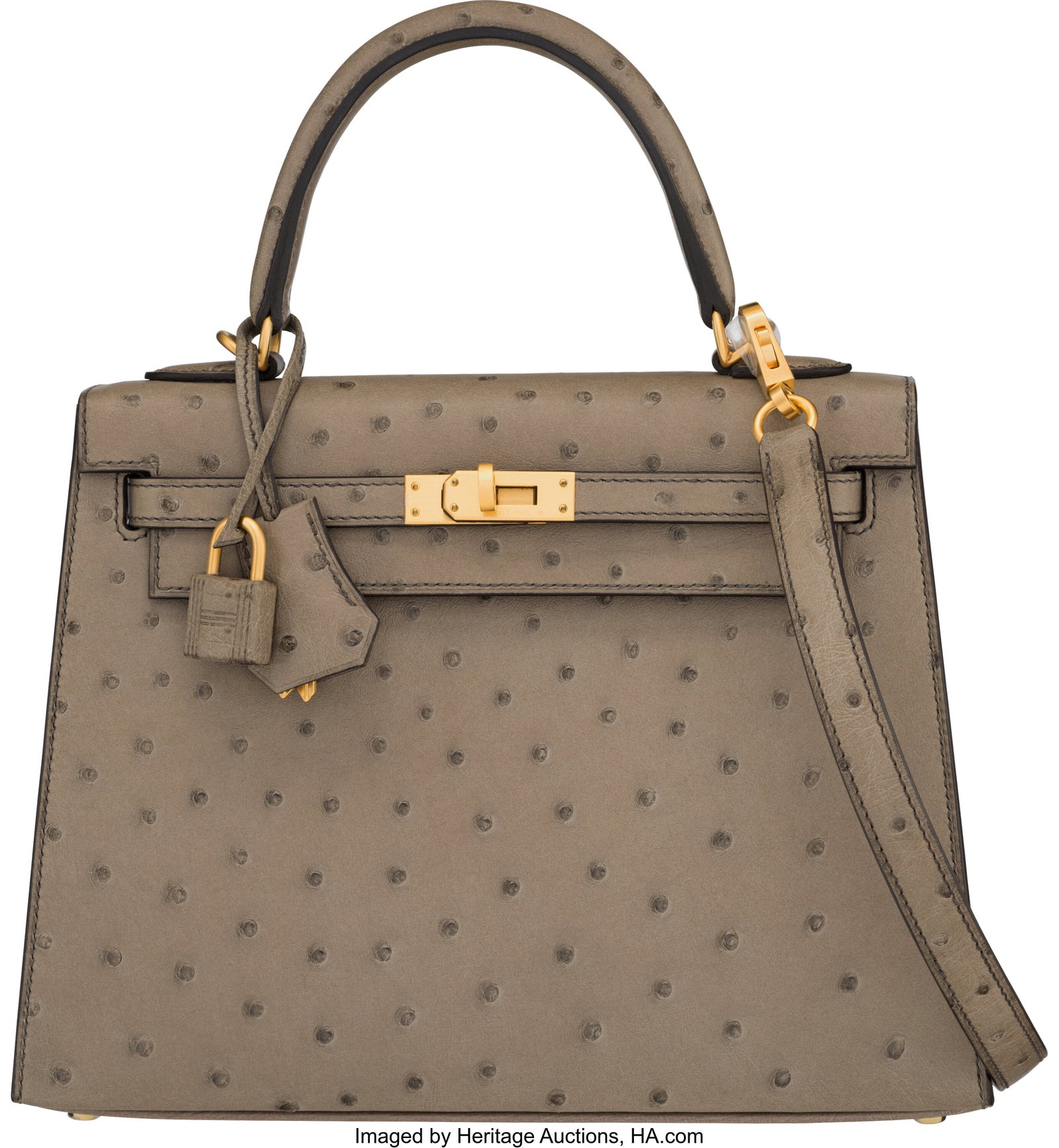 Hermès Special Order Horseshoe 25cm Gris Asphal: Hermès Special Order Horseshoe 25cm Gris Asphalte Ostrich Kelly Sellier Bag with Brushed Gold Hardware Y, 2020 Condition: 1 10" Width x 8" Height x 5" Depth This bag is done in Gris