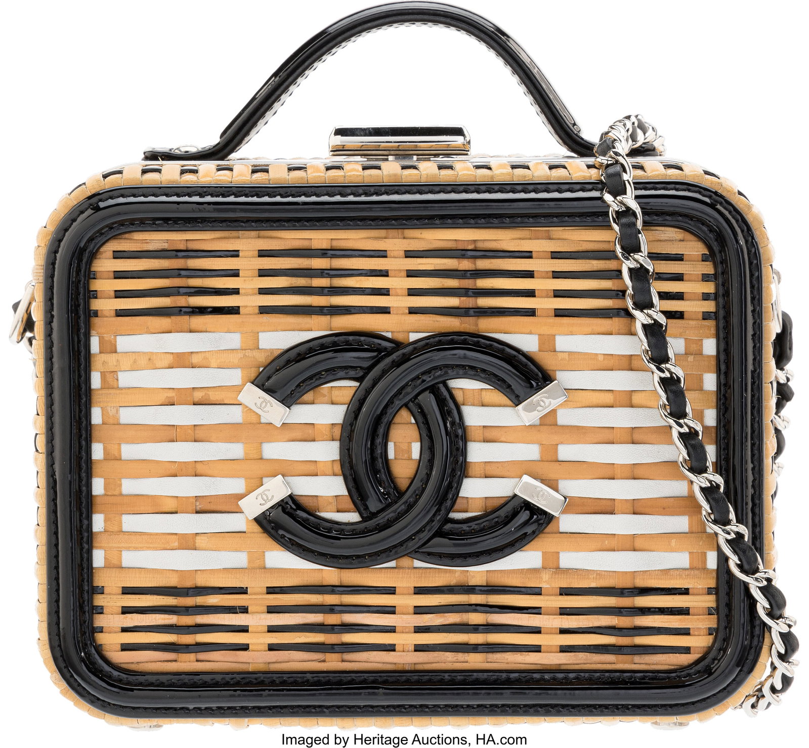 Chanel Black Patent Leather & Natural Rattan Wic: Chanel Black Patent Leather & Natural Rattan Wicker CC Filigree Small Vanity Case with Silver Hardware 2019 Condition: 3 6.5" Width x 5" Height x 2.75" Depth This bag is done i