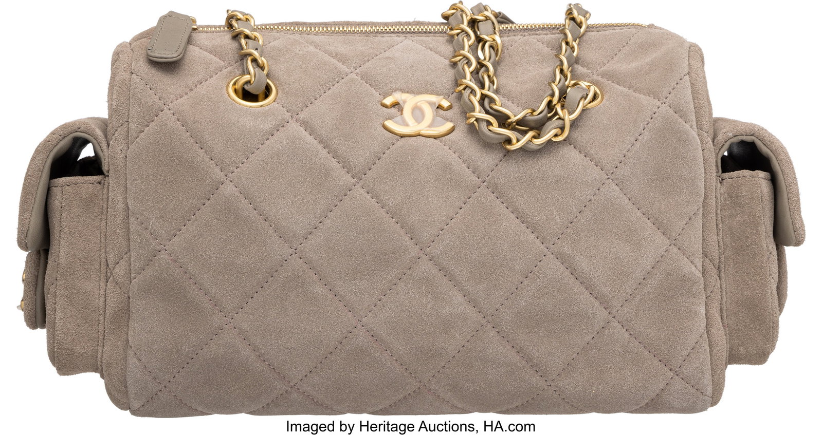 Chanel Taupe Quilted Suede Small Bowling Bag 25 : Chanel Taupe Quilted Suede Small Bowling Bag 25 with Brushed Gold Hardware Fall/Winter 2025 Condition: 1 11" Width x 9" Height x 6.5" Depth This bag is done in Taupe Quilted Suede wit