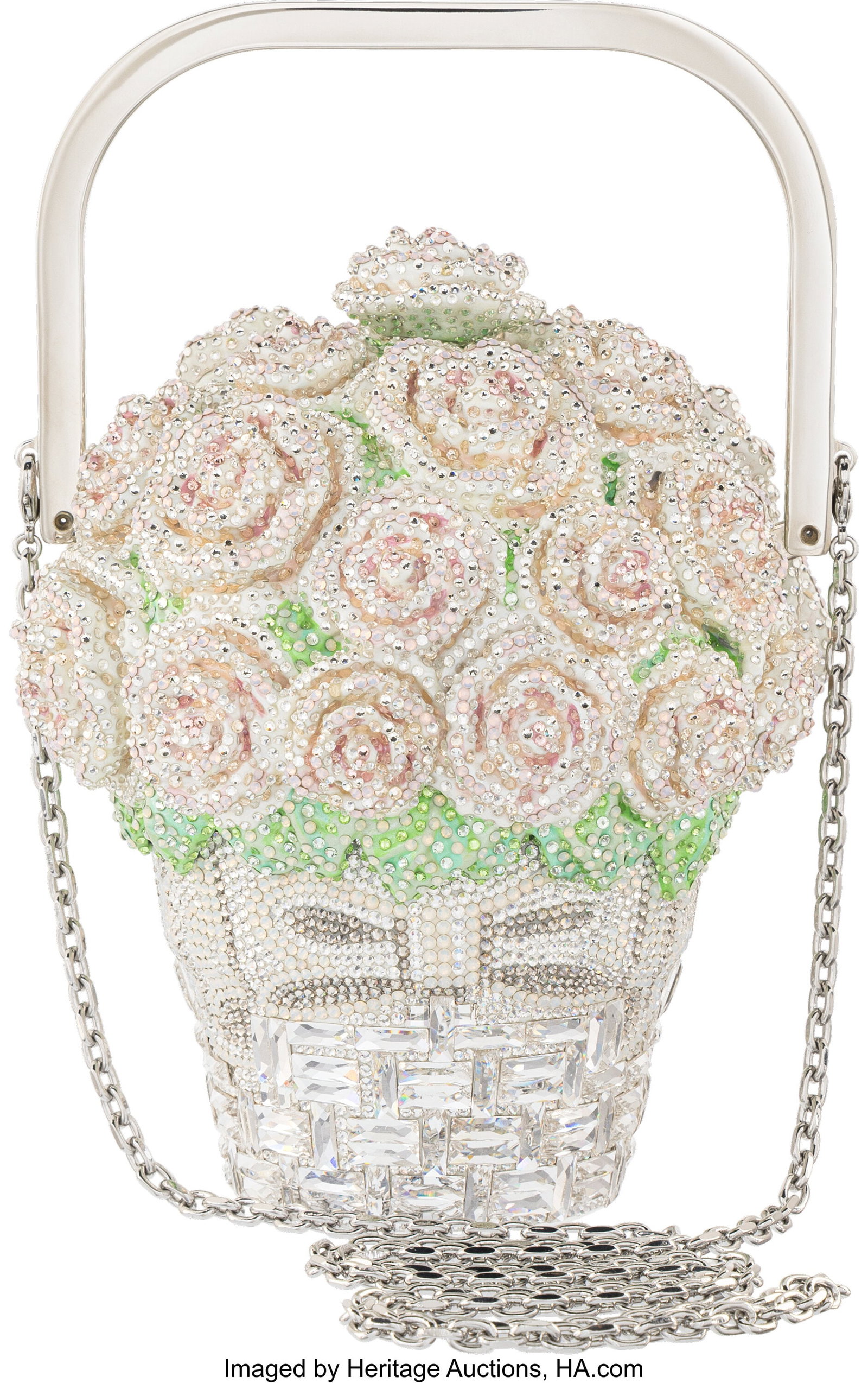 Judith Leiber Silver & Blush Crystal Basket of R: Judith Leiber Silver & Blush Crystal Basket of Roses Bouquet Minaudière with Silver Hardware Condition: 1 5.5" Width x 7.75" height x 5.5" Depth This minaudi&egra