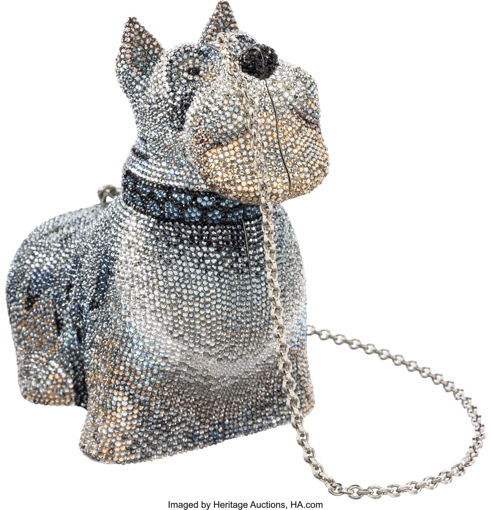 Judith Leiber Blue & Silver Crystal Scottie Schn: Judith Leiber Blue & Silver Crystal Scottie Schnauzer Minaudière with Silver Hardware Condition: 1 3" Width x 5.5" Height x 6" Depth This minaudière is done in Blue&comm