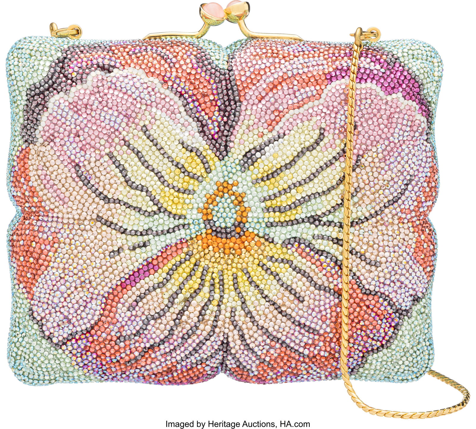 Judith Leiber Multicolor Crystal Pansy Minaudiè: Judith Leiber Multicolor Crystal Pansy Minaudière with Gold Hardware Condition: 1 6" Width x 5" Height x 2" Depth This minaudière is done in Multicolor Crystals with a Pansy motif&