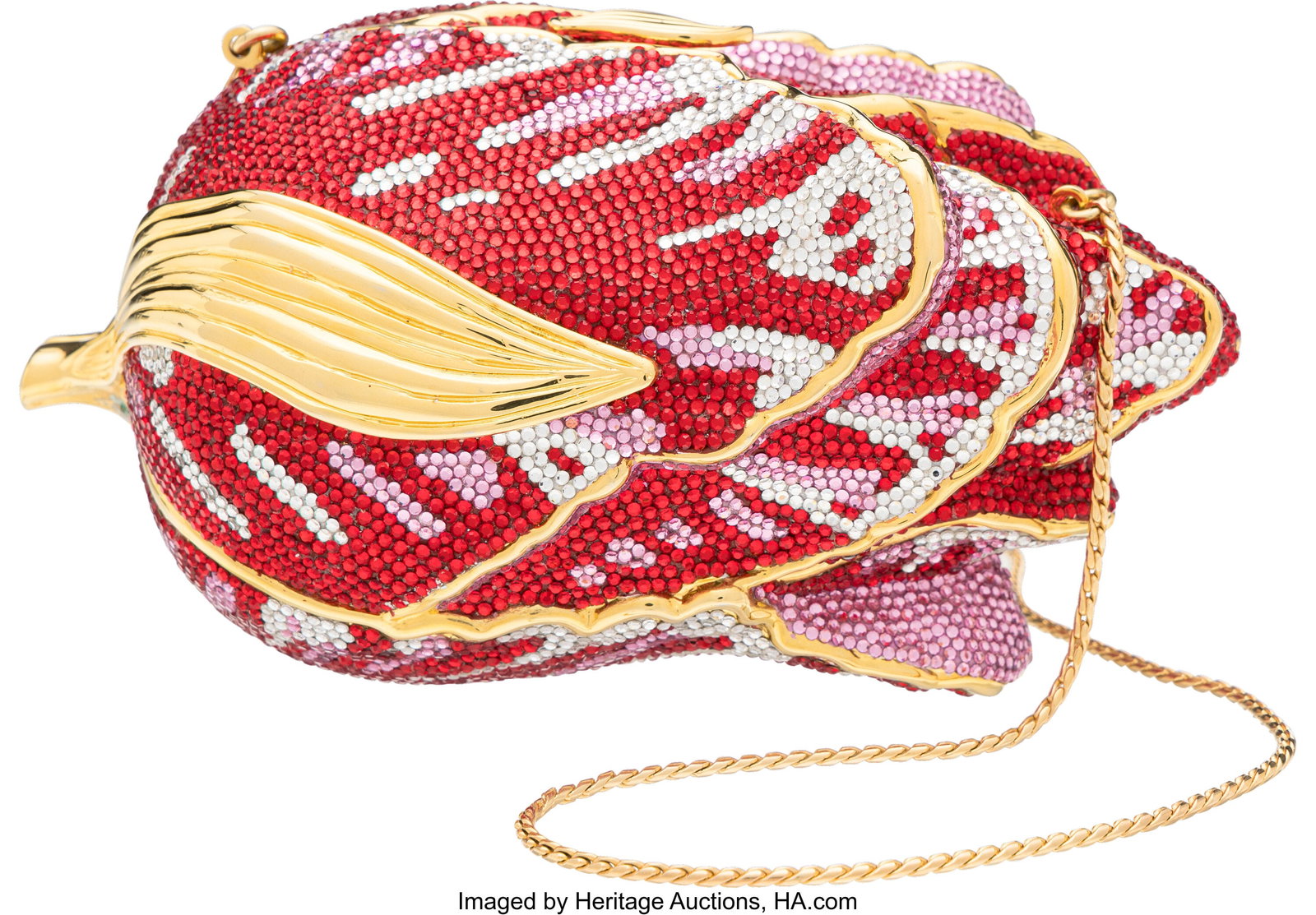 Judith Leiber Red & Pink Tulip Minaudière with : Judith Leiber Red & Pink Tulip Minaudière with Gold Hardware Condition: 2 6.5" Width x 4" Height x 3.5" Depth This Minaudière is done in Red & Pink Crystals w