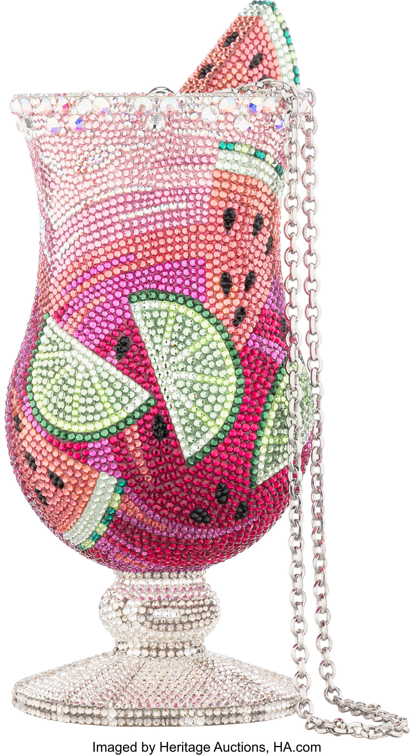 Judith Leiber Pink & Green Watermelon Margarita : Judith Leiber Pink & Green Watermelon Margarita Minaudière with Silver Hardware Condition: 1 3" Width x 6.25" Height x 3" Depth This minaudière is done in Pink, Gr