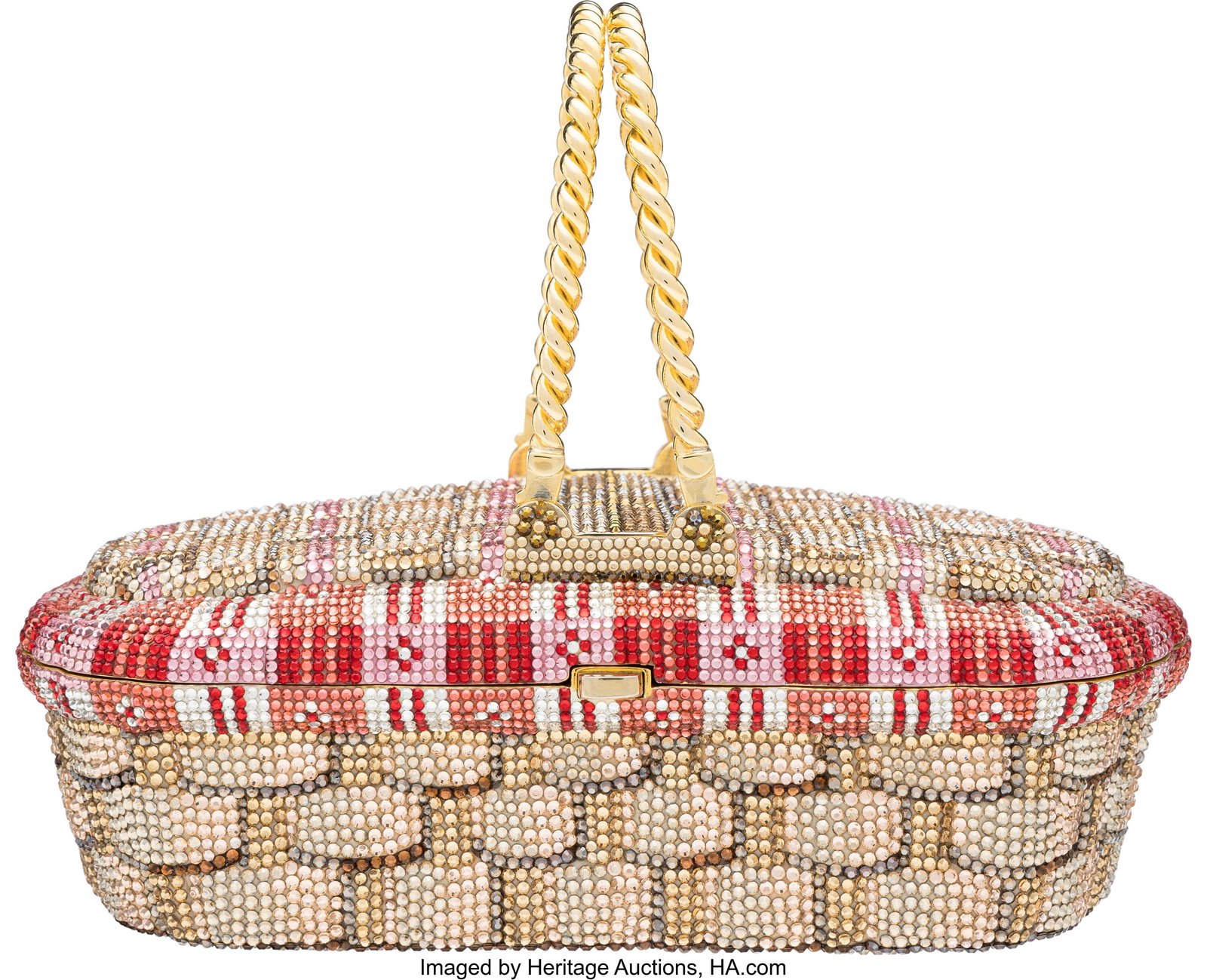 Judith Leiber Gold & Red Crystal Picnic Basket M: Judith Leiber Gold & Red Crystal Picnic Basket Minaudière with Gold Hardware Condition: 1 8" Width x 2.75" Height x 4" Depth This minaudière is done in Gold and Red Crys