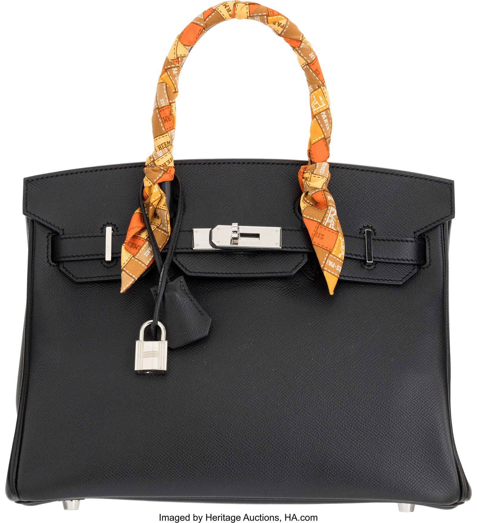 Hermès 30cm Black Epsom Leather Birkin Bag with: Hermès 30cm Black Epsom Leather Birkin Bag with Palladium Hardware & Twilly N Square, 2010 Condition: 2 11" Width x 8" Height x 6" Depth This bag is done in Black Epsom Leather 