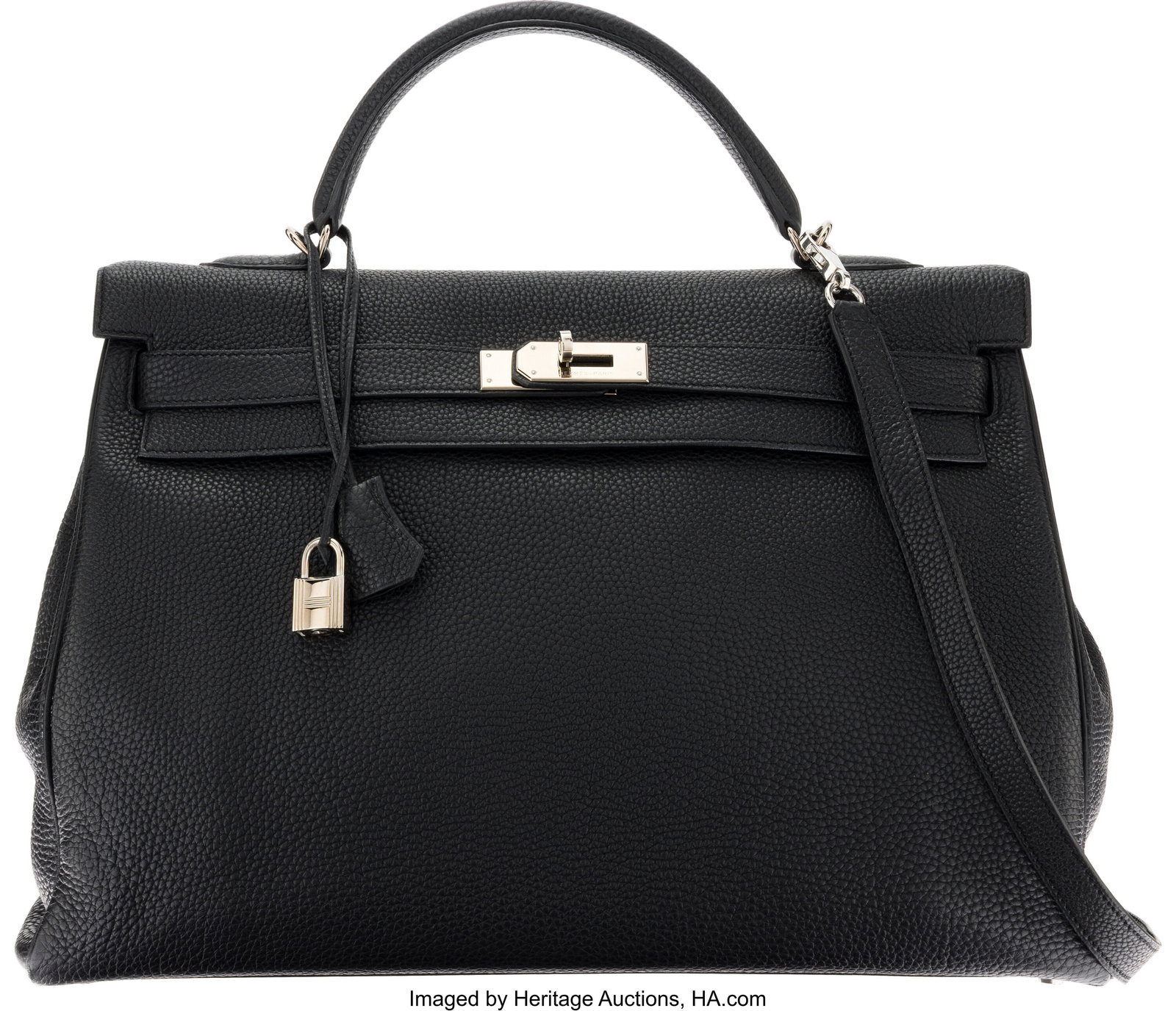 Hermès 40cm Black Togo Leather Kelly Retourne B: Hermès 40cm Black Togo Leather Kelly Retourne Bag with Palladium Hardware K Square, 2007 Condition: 3 15.5" Width x 10.5" Height x 5" Depth This bag is done in Black T