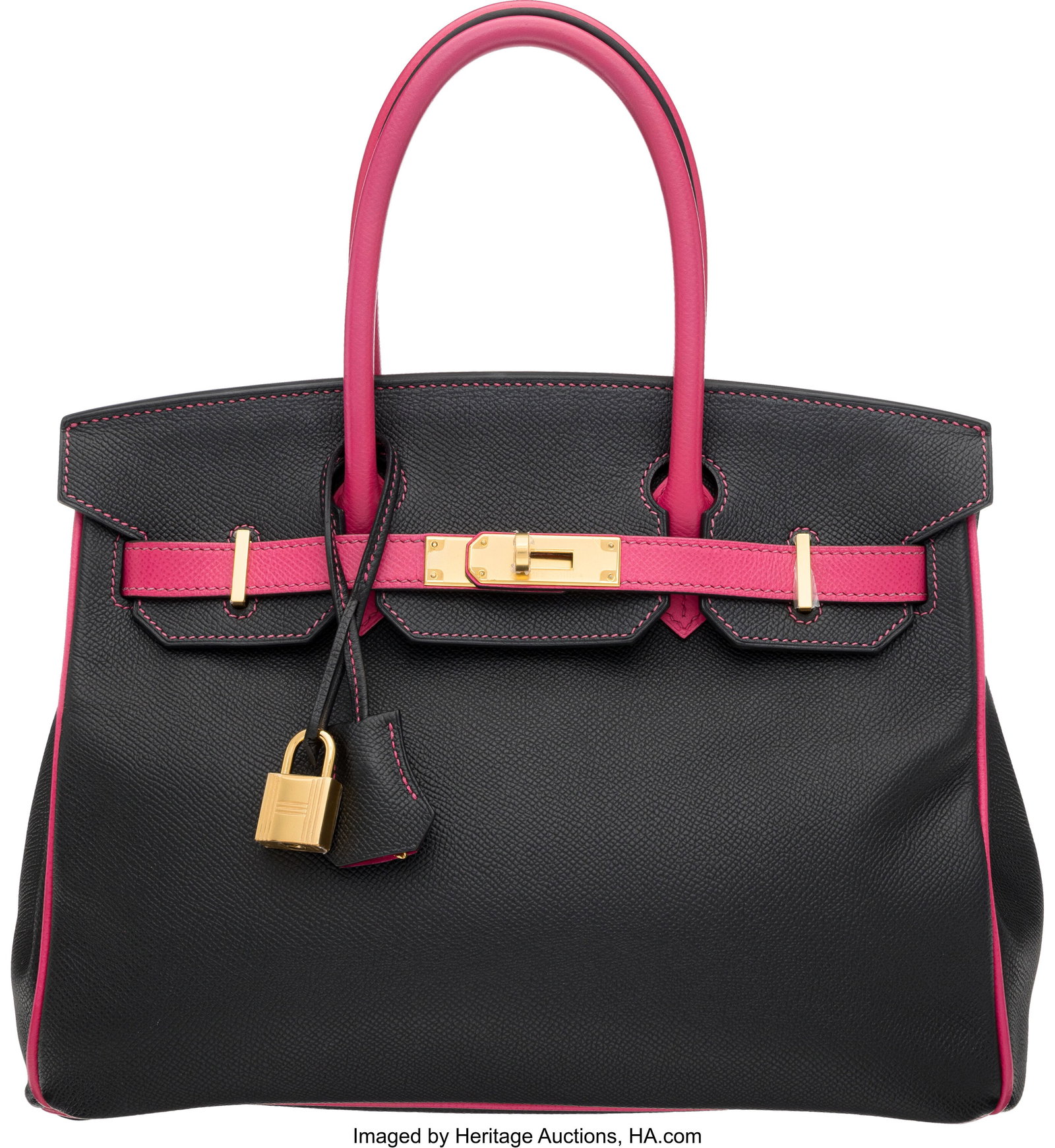 Hermès Special Order Horseshoe 30cm Black & Ros: Hermès Special Order Horseshoe 30cm Black & Rose Tyrien Epsom Leather Birkin Bag with Gold Hardware R Square, 2014 Condition: 2 11.5" Width x 8.5" Height x 6"