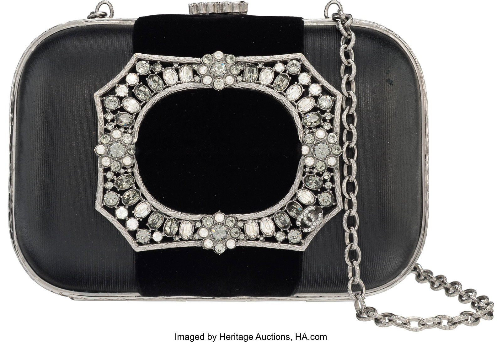 Chanel Paris-Salzburg Black Lambskin Leather & V: Chanel Paris-Salzburg Black Lambskin Leather & Velvet, Strass Crystal Minaudière with Silver Hardware Métiers d'Art 2015 Condition: 2 5.5" Width x 4.5"
