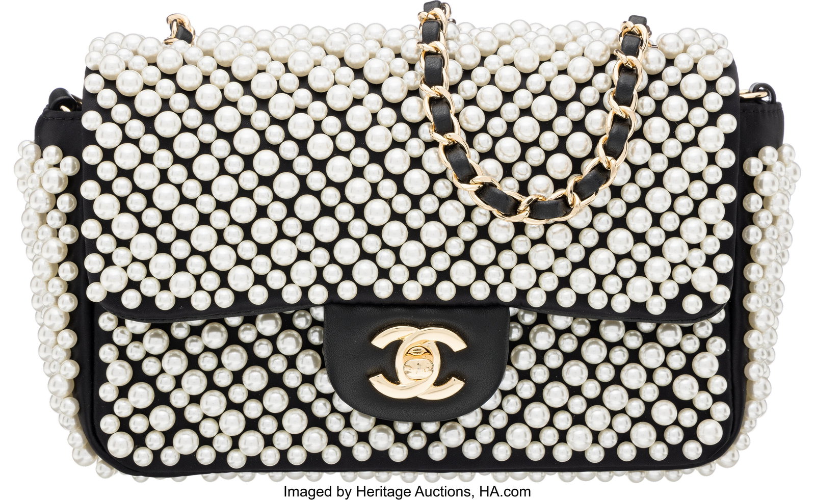 Chanel Black Satin & Leather Pearl Mini Flap Bag: Chanel Black Satin & Leather Pearl Mini Flap Bag with Light Gold Hardware Spring/Summer 2019 Condition: 2 8" Width x 6" Height x 2.5" Depth This bag is done in Black Satin and