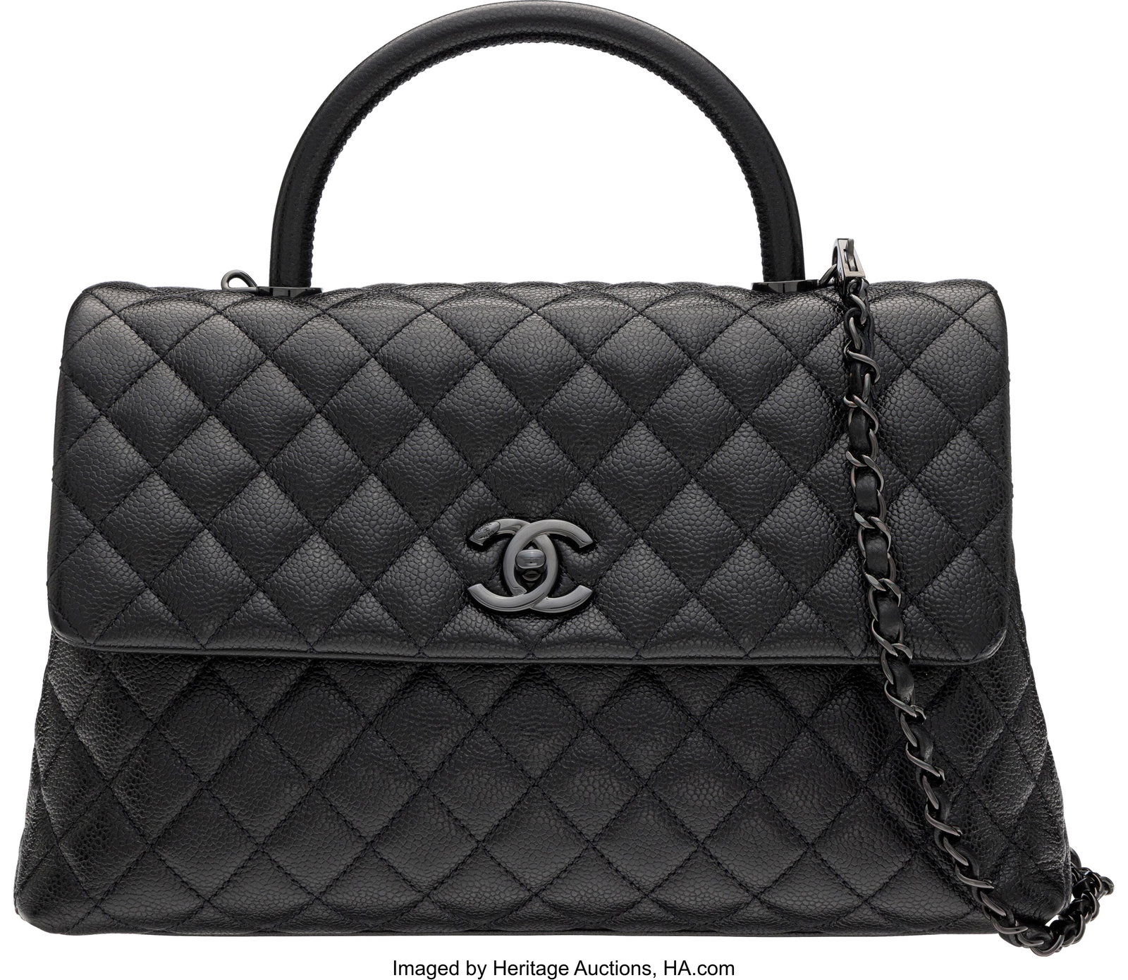 Chanel So Black Quilted Caviar Leather Medium Co: Chanel So Black Quilted Caviar Leather Medium Coco Top Handle Bag with Black Hardware 2020 Condition: 1 12.5" Width x 7.5" Height x 4.5" Depth This bag is done in Black