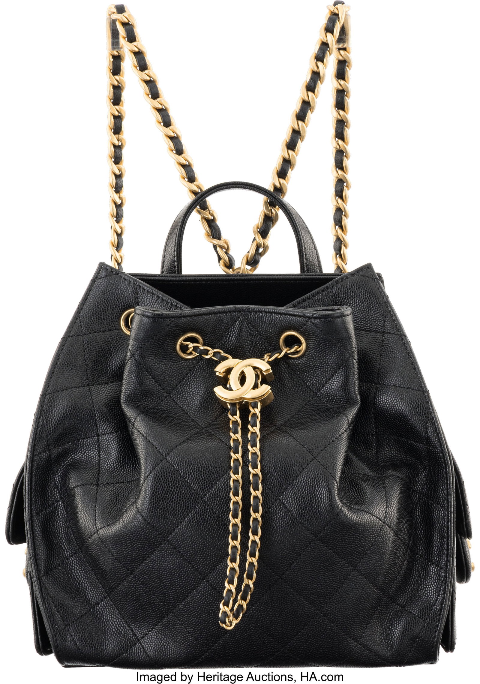 Chanel Black Quilted Caviar Leather Medium 25 Ba: Chanel Black Quilted Caviar Leather Medium 25 Backpack with Aged Gold Hardware 2025 Condition: 1 8.5" Width x 9" Height x 5" Depth This bag is done in Black Caviar Leather with Aged Gold 
