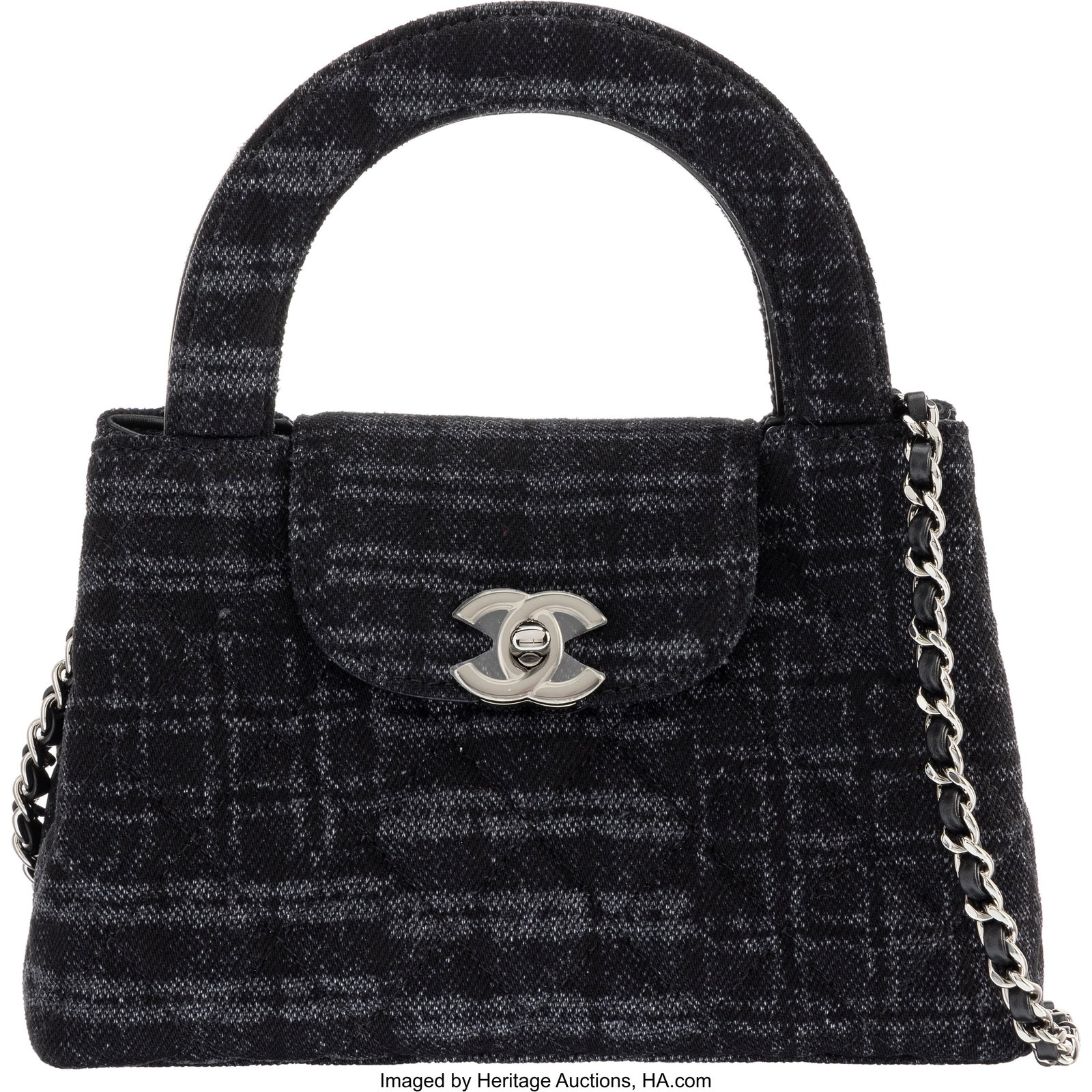 Chanel Black & Grey Quilted Printed Denim Mini K: Chanel Black & Grey Quilted Printed Denim Mini Kelly Shopper Bag with Ruthenium Hardware Condition: 1 7.5" Width x 5" Height x 2.25" Depth This bag is done in Black and Grey Pr