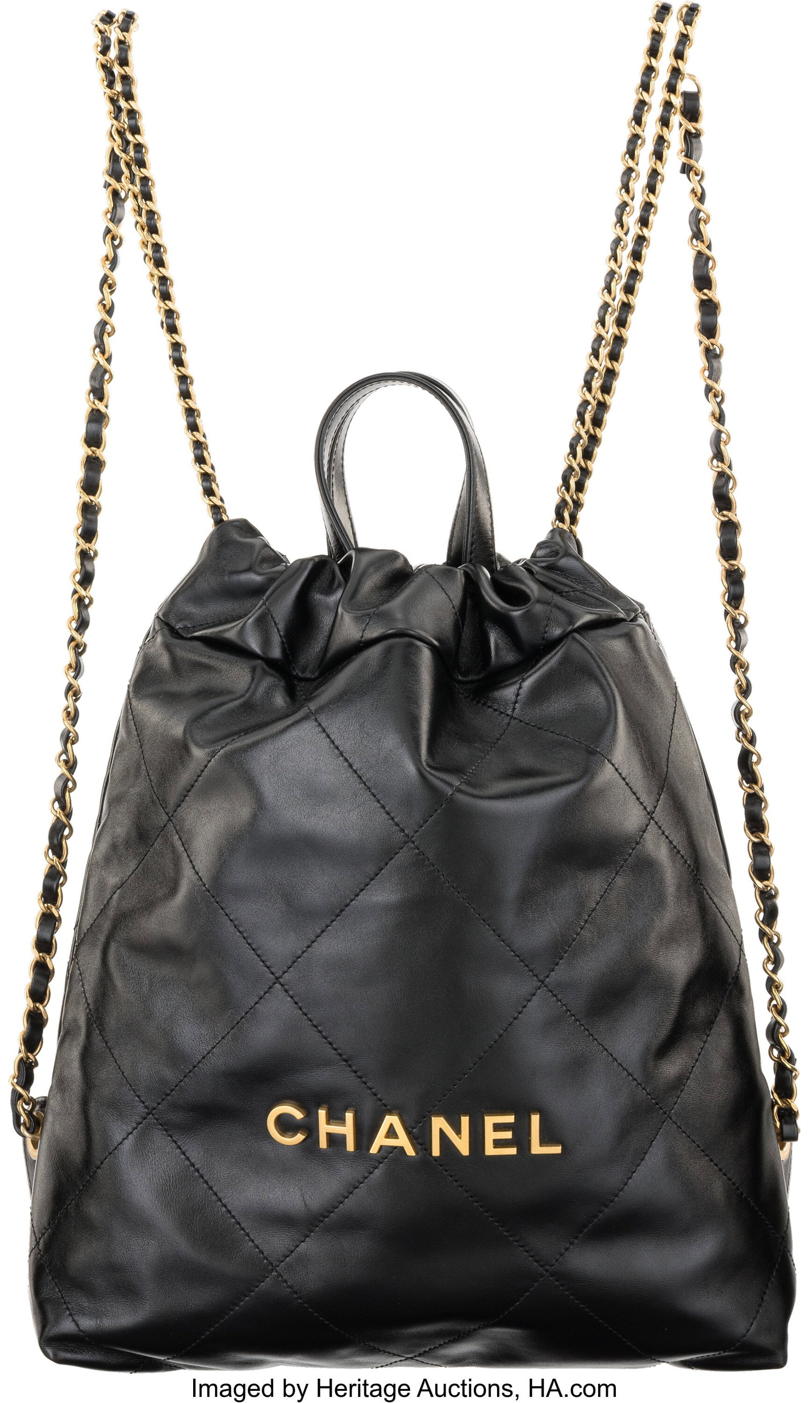 Chanel Shiny Black Quilted Calfskin Leather 22 B: Chanel Shiny Black Quilted Calfskin Leather 22 Backpack with Brushed Gold Hardware 2023 Condition: 1 11.5" Width x 13.25" Height x 3" Depth This bag is done in Shiny Black