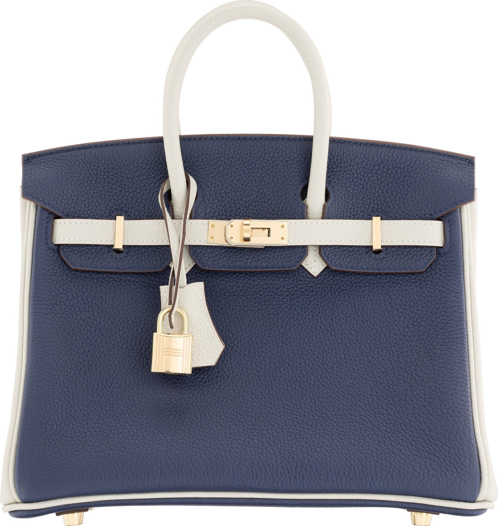 Hermès Special Order Horseshoe 25cm Bleu Saphir: Hermès Special Order Horseshoe 25cm Bleu Saphir & Gris Perle Togo Leather Birkin Bag with Permabrass Hardware W, 2024 Condition: 1 9.5" Width x 7" Height x 5" Depth This