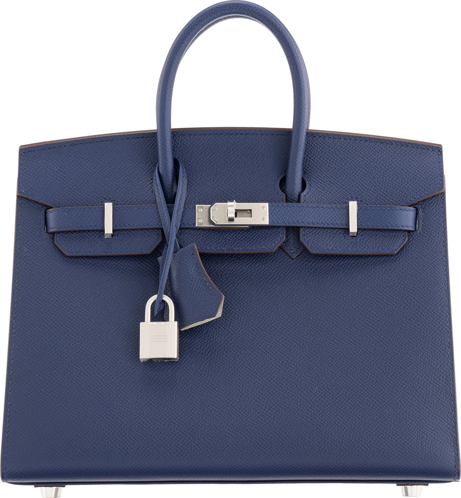 Hermès Special Order Horseshoe 25cm Bleu Saphir: Hermès Special Order Horseshoe 25cm Bleu Saphir & Gris Perle Epsom Leather Birkin Sellier Bag with Brushed Palladium Hardware K, 2025 Condition: 1 10" Width x 7.5"