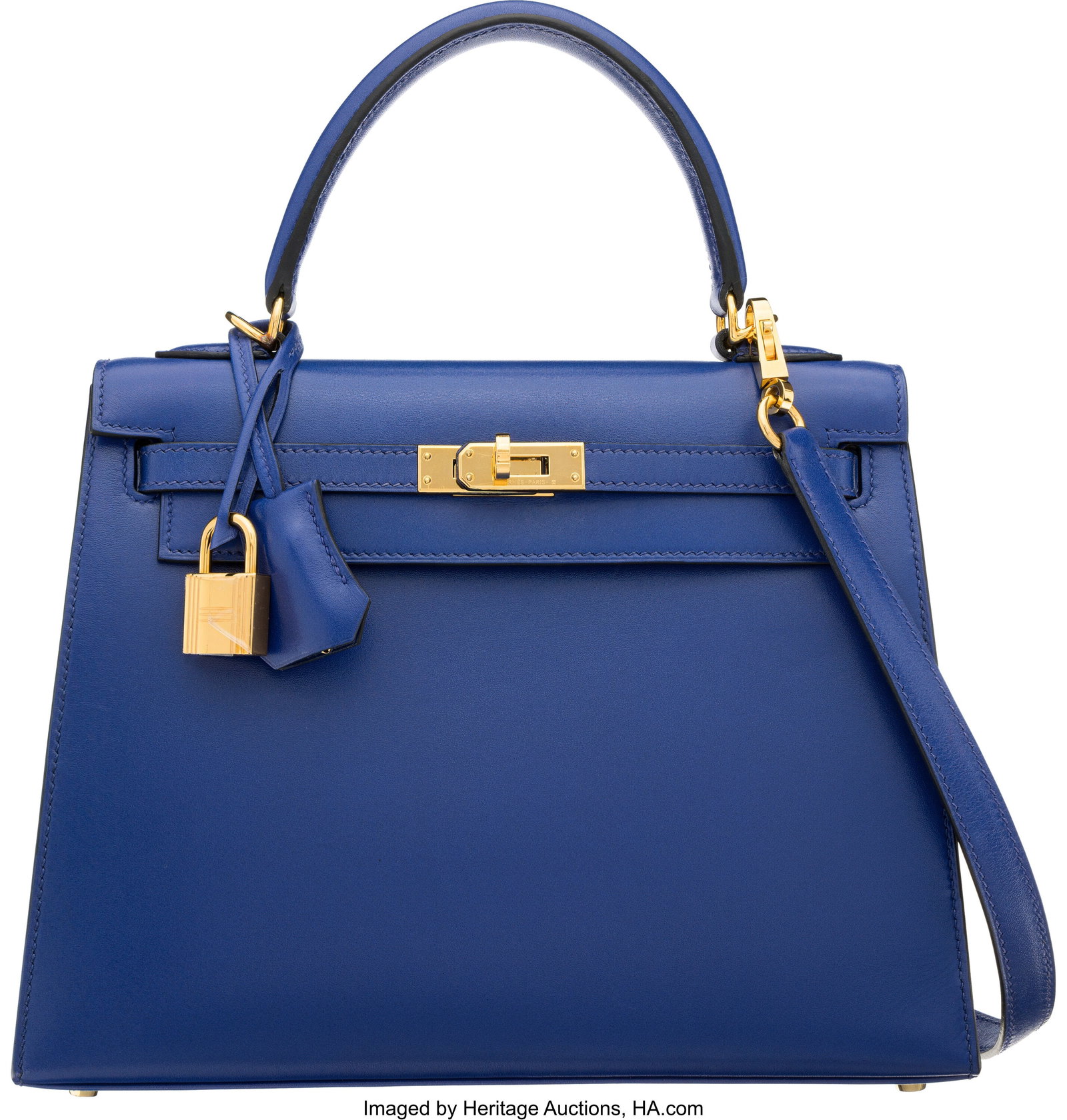 Hermès 25cm Bleu Electrique Box Calf Leather Ke: Hermès 25cm Bleu Electrique Box Calf Leather Kelly Sellier Bag with Gold Hardware D, 2019 Condition: 2 9.5" Width x 7" Width x 4" Depth This bag is done in Bleu Electrique